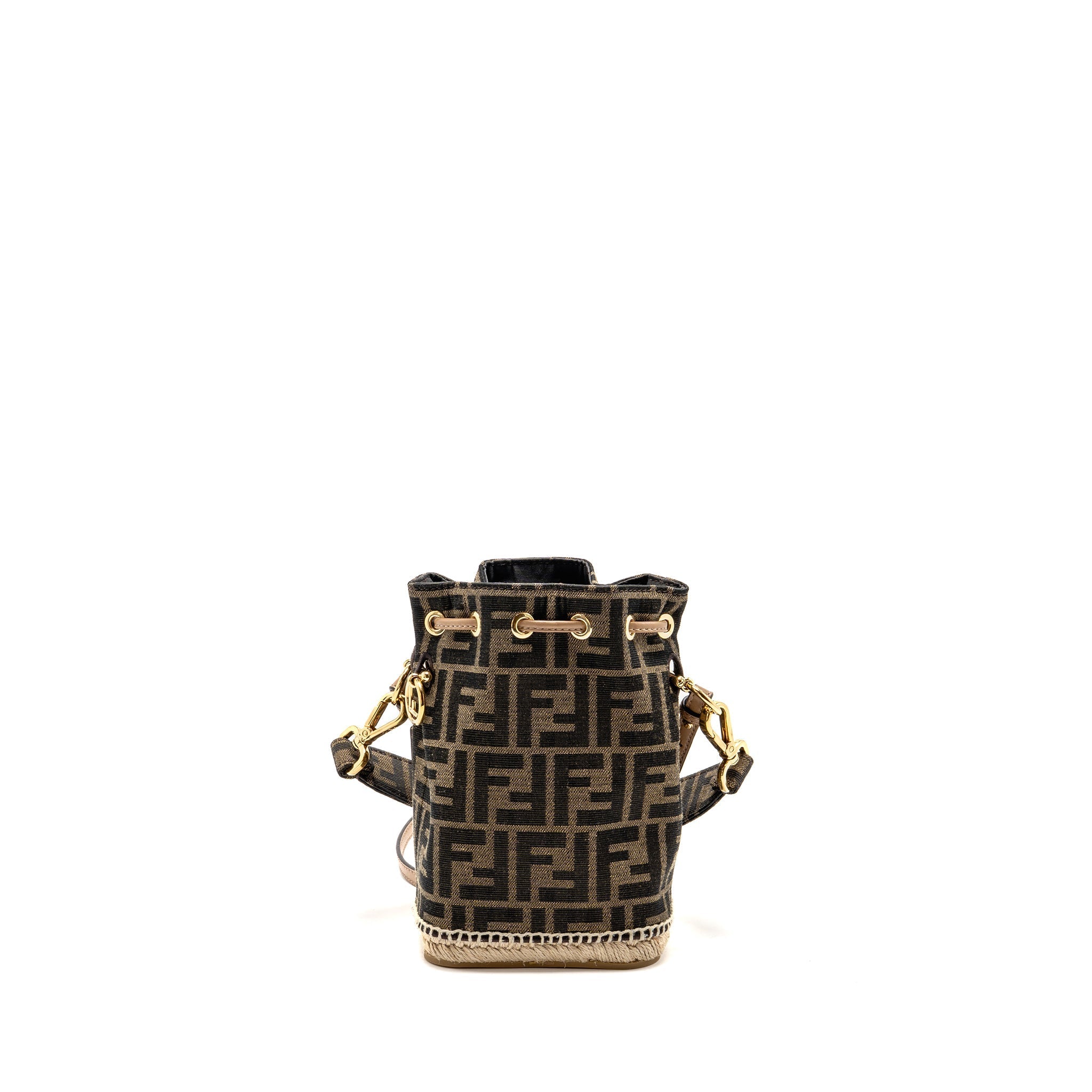FENDI MINI MON TRESOR BUCKET BAG FF JACQUARD RAFFIA/FABRIC/CALFSKIN BROWN GHW