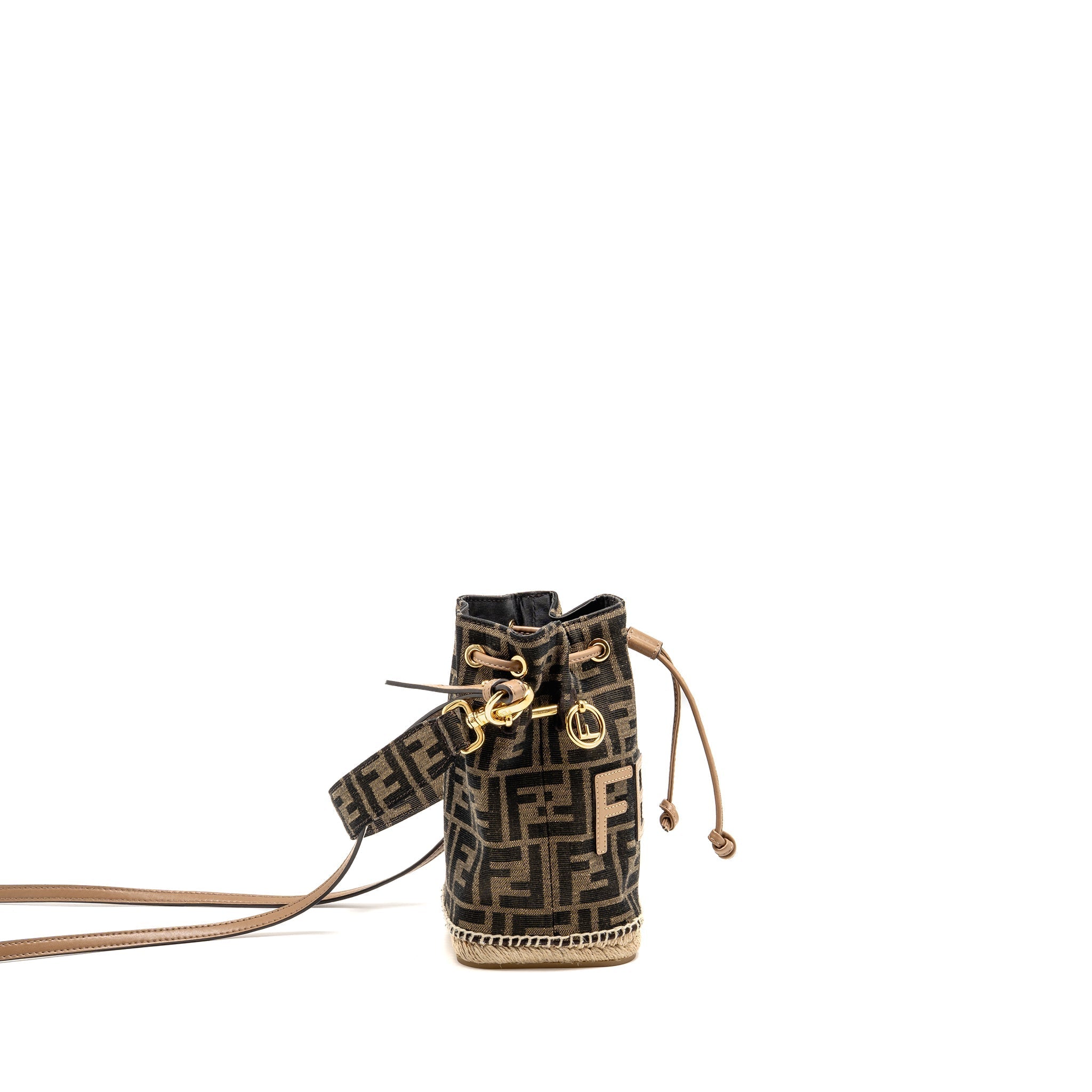 FENDI MINI MON TRESOR BUCKET BAG FF JACQUARD RAFFIA/FABRIC/CALFSKIN BROWN GHW