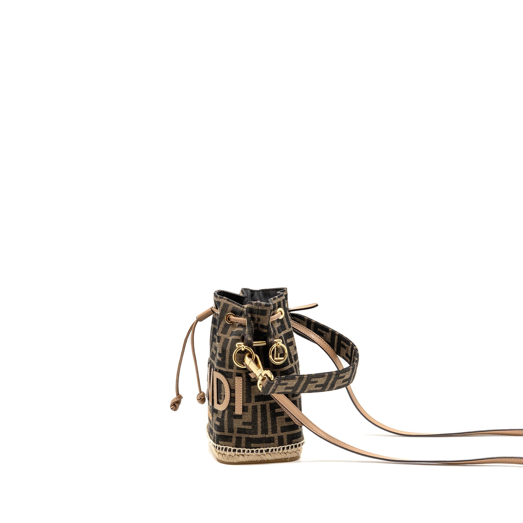 FENDI MINI MON TRESOR BUCKET BAG FF JACQUARD RAFFIA/FABRIC/CALFSKIN BROWN GHW