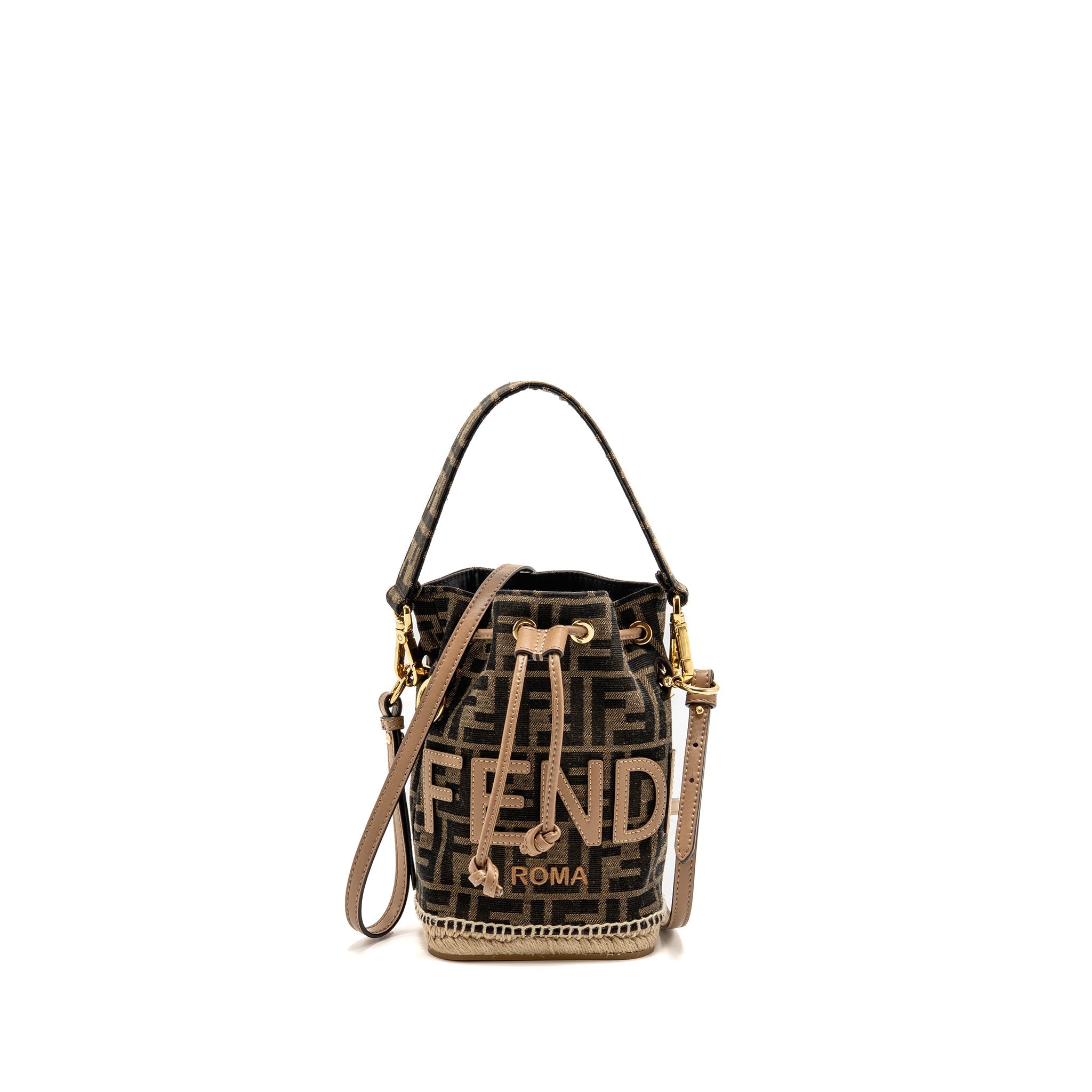 FENDI MINI MON TRESOR BUCKET BAG FF JACQUARD RAFFIA/FABRIC/CALFSKIN BROWN GHW