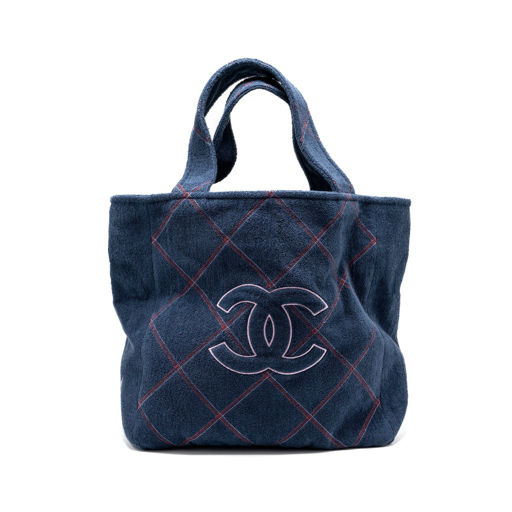CHANEL COCO BEACH TOTE BAG WITH TOWEL/POUCH SET TERRY CLOTH NAVY SHW