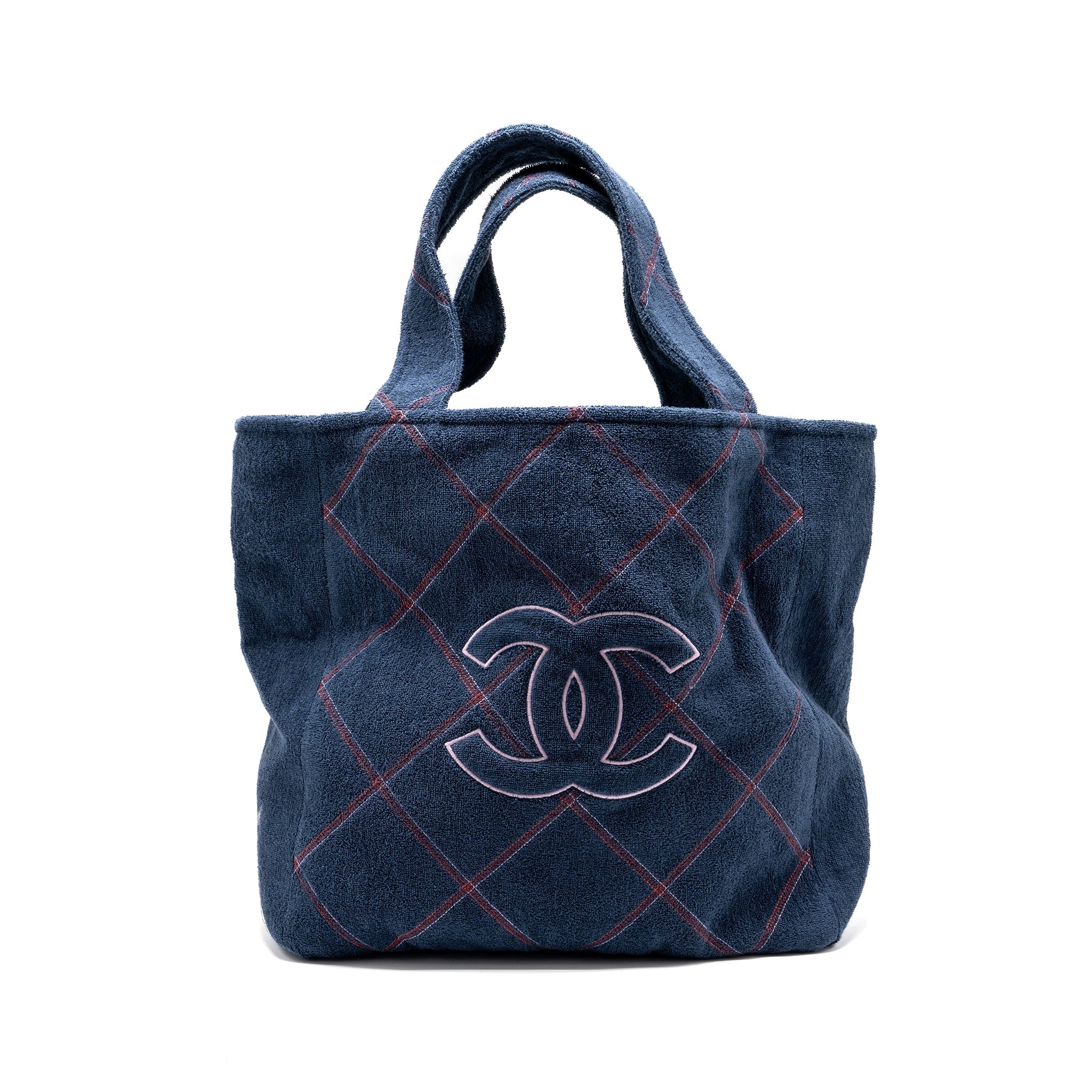 CHANEL COCO BEACH TOTE BAG WITH TOWEL/POUCH SET TERRY CLOTH NAVY SHW