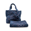 CHANEL COCO BEACH TOTE BAG WITH TOWEL/POUCH SET TERRY CLOTH NAVY SHW