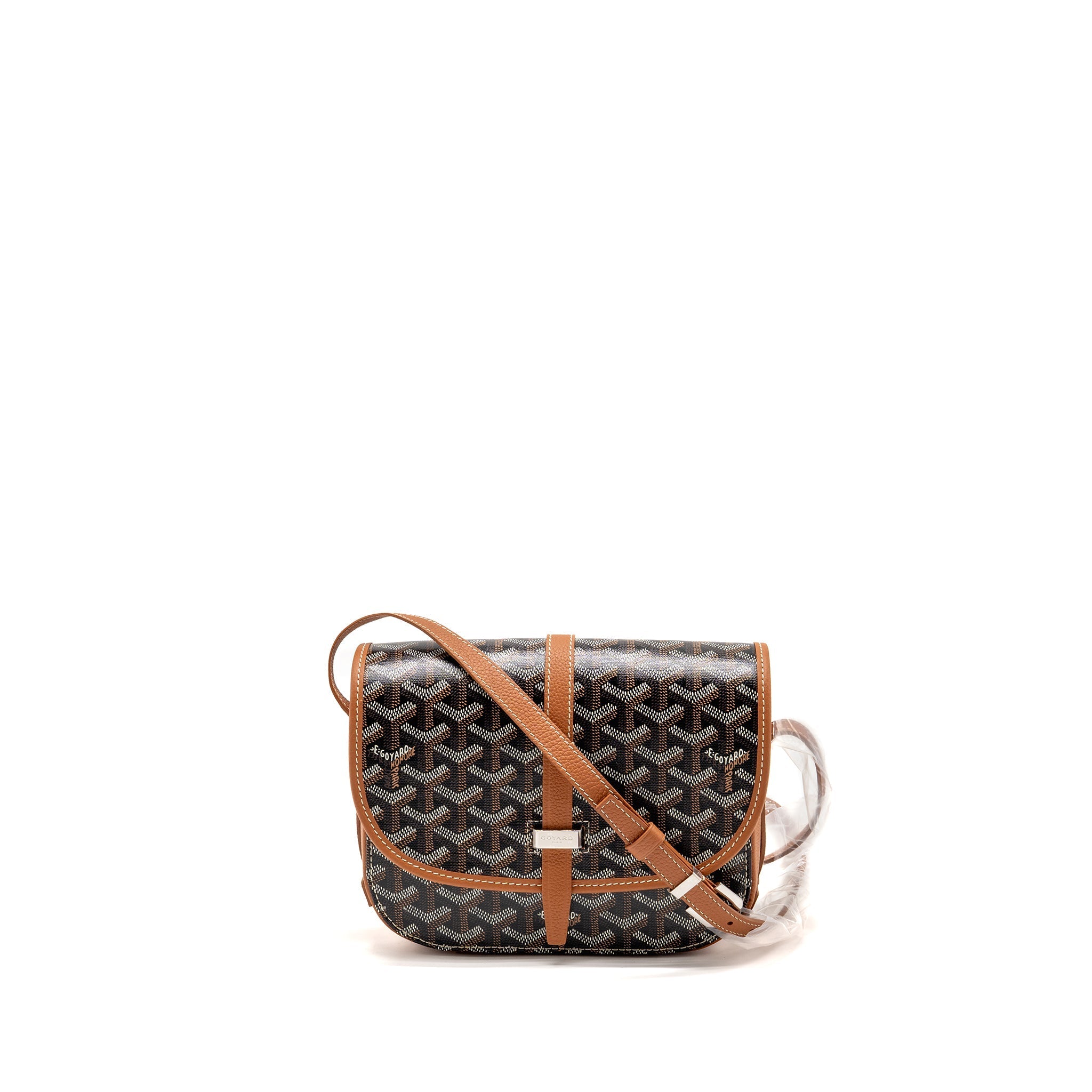 GOYARD BELVEDERE PM MESSENGER BAG GOYARDLINE CANVAS /CALFSKIN BLACK/TAN SHW