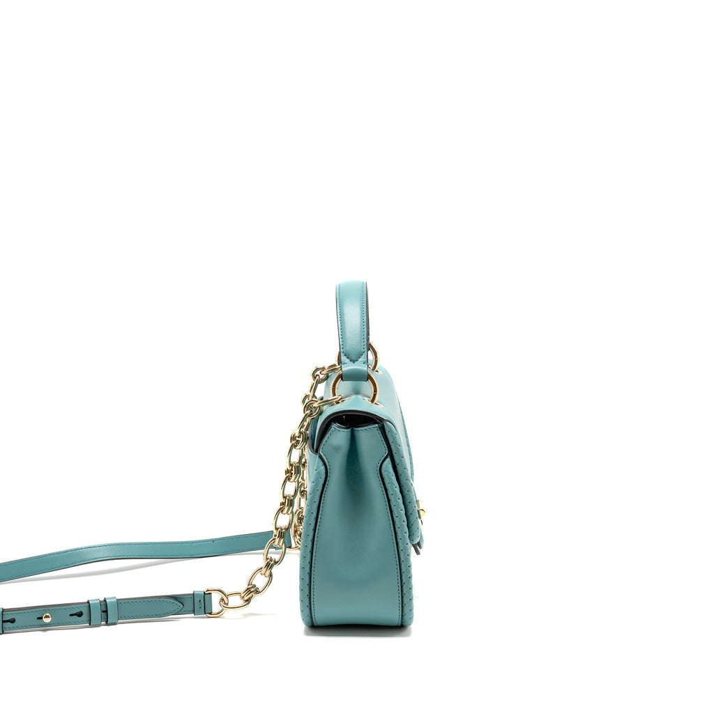 SALVATORE FERRAGAMO TOP HANDLE FLAP LOCK BAG CALFSKIN TURQUOISE LGHW