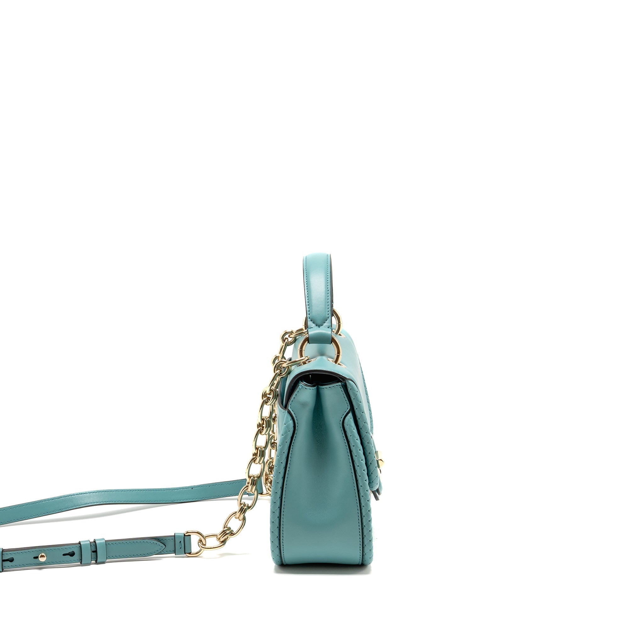 SALVATORE FERRAGAMO TOP HANDLE FLAP LOCK BAG CALFSKIN TURQUOISE LGHW