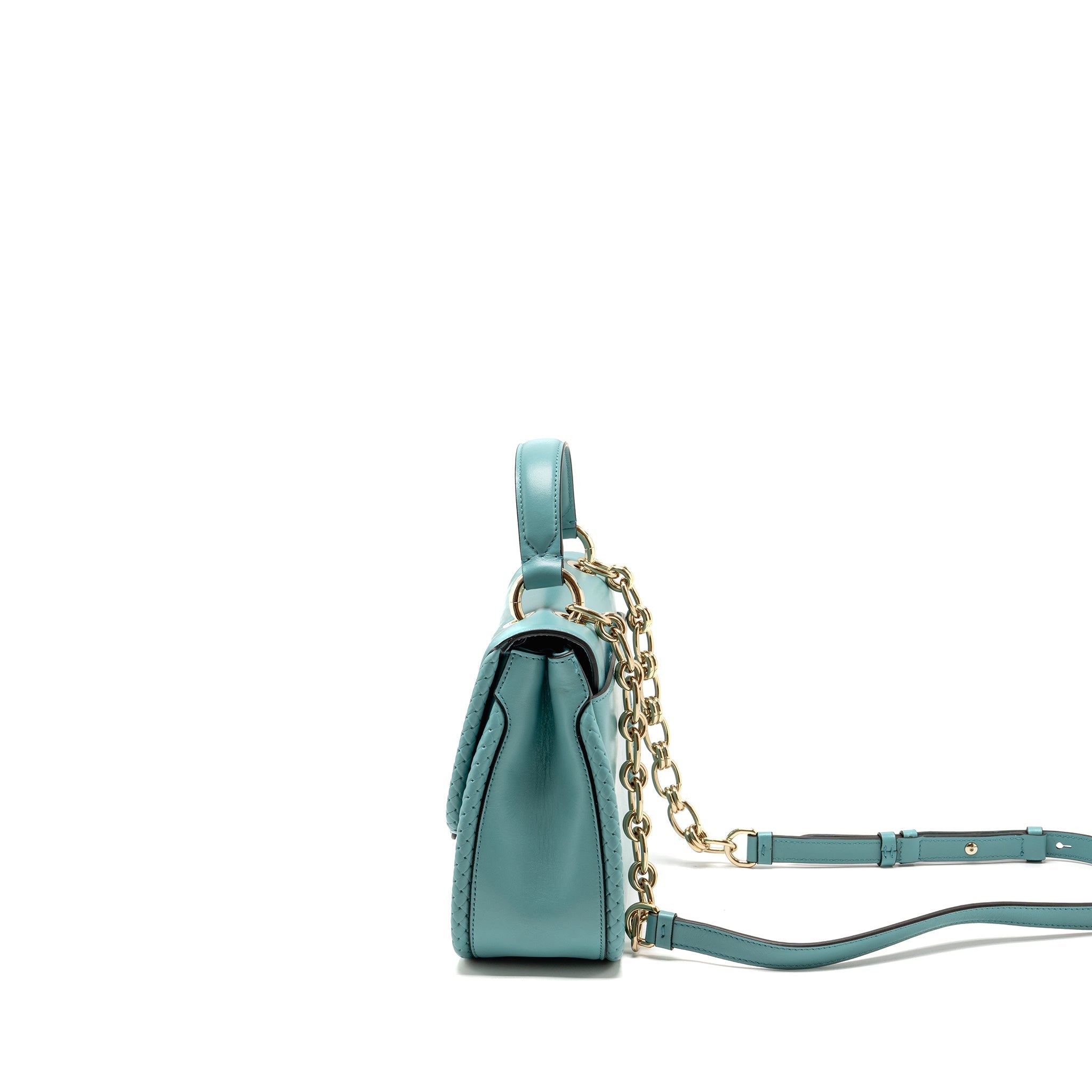 SALVATORE FERRAGAMO TOP HANDLE FLAP LOCK BAG CALFSKIN TURQUOISE LGHW