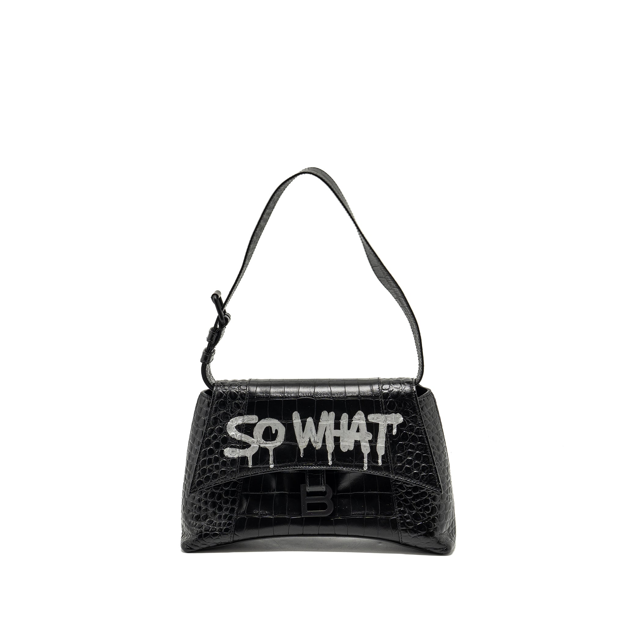 BALENCIAGA LIMITED EDITION DOWNTOWN SMALL SHOULDER BAG CROC-EMBOSSED CALFSKIN BLACK WITH BLACK HARDWARE