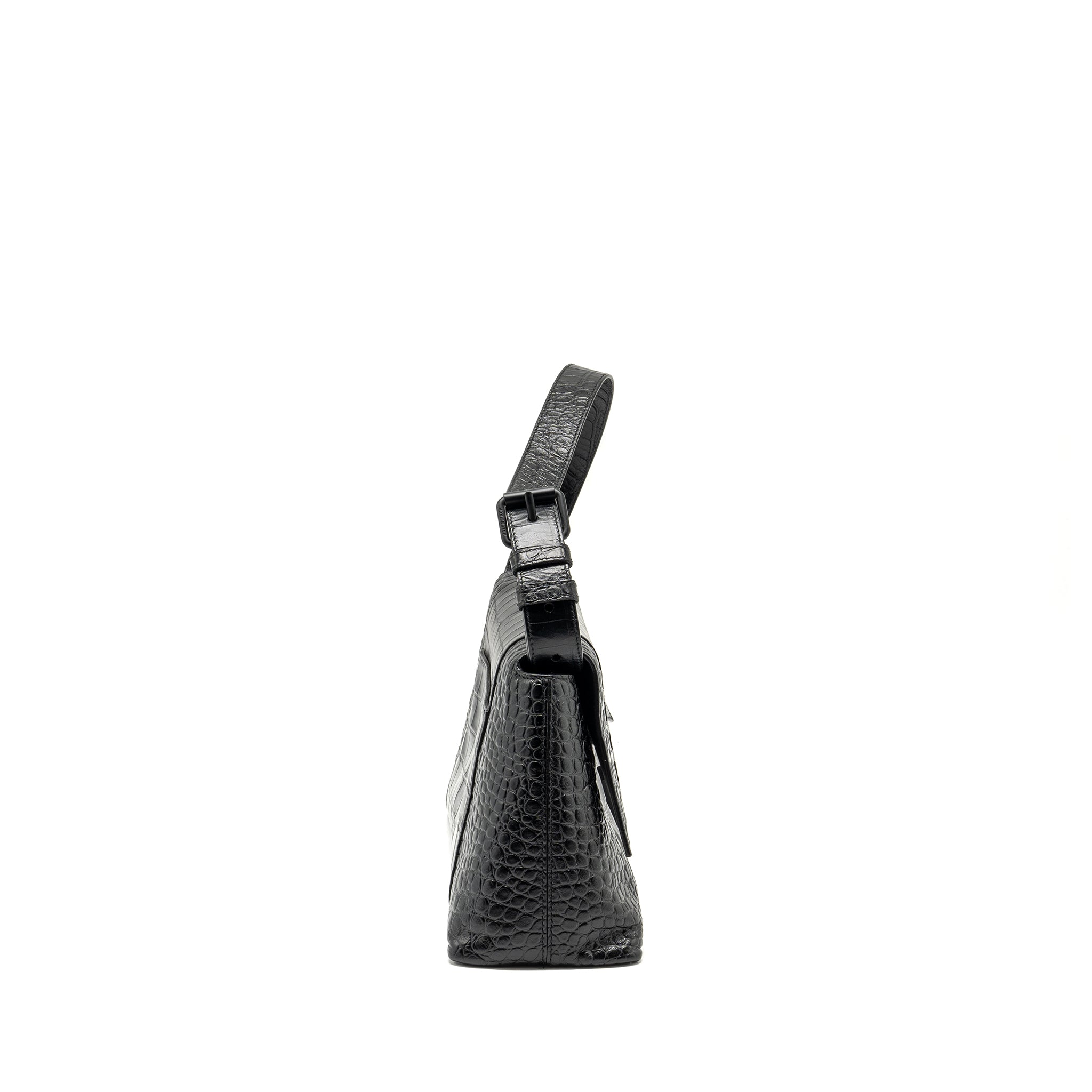 BALENCIAGA LIMITED EDITION DOWNTOWN SMALL SHOULDER BAG CROC-EMBOSSED CALFSKIN BLACK WITH BLACK HARDWARE