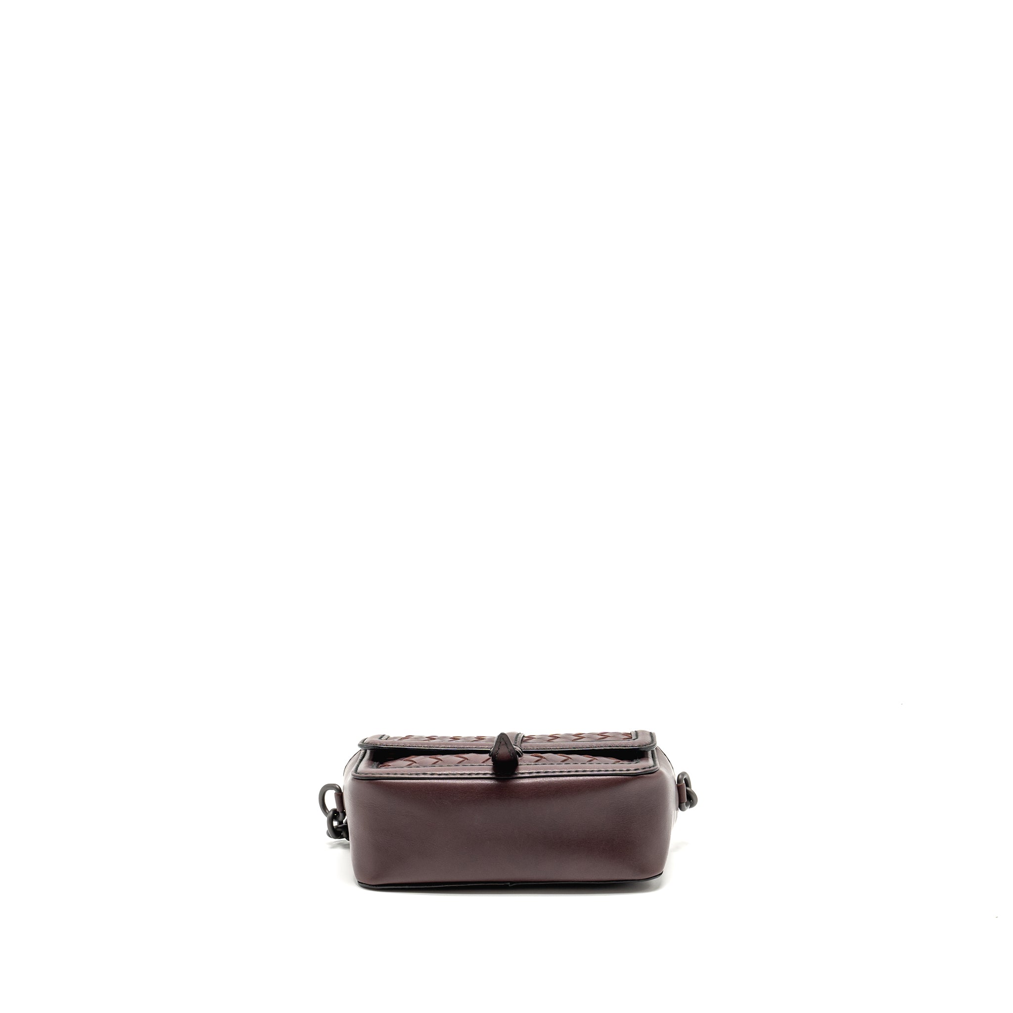 BOTTEGA VENETA MINI INTRECCIATO FLAP BAG LEATHER DARK BROWN WITH BLACK HARDWARE