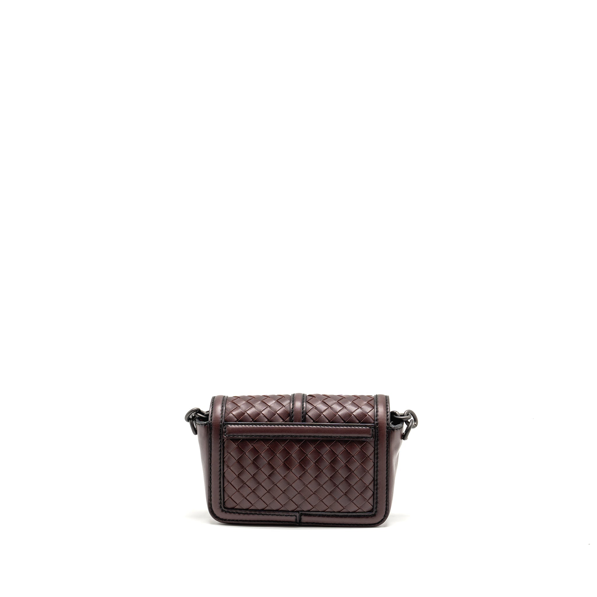 BOTTEGA VENETA MINI INTRECCIATO FLAP BAG LEATHER DARK BROWN WITH BLACK HARDWARE