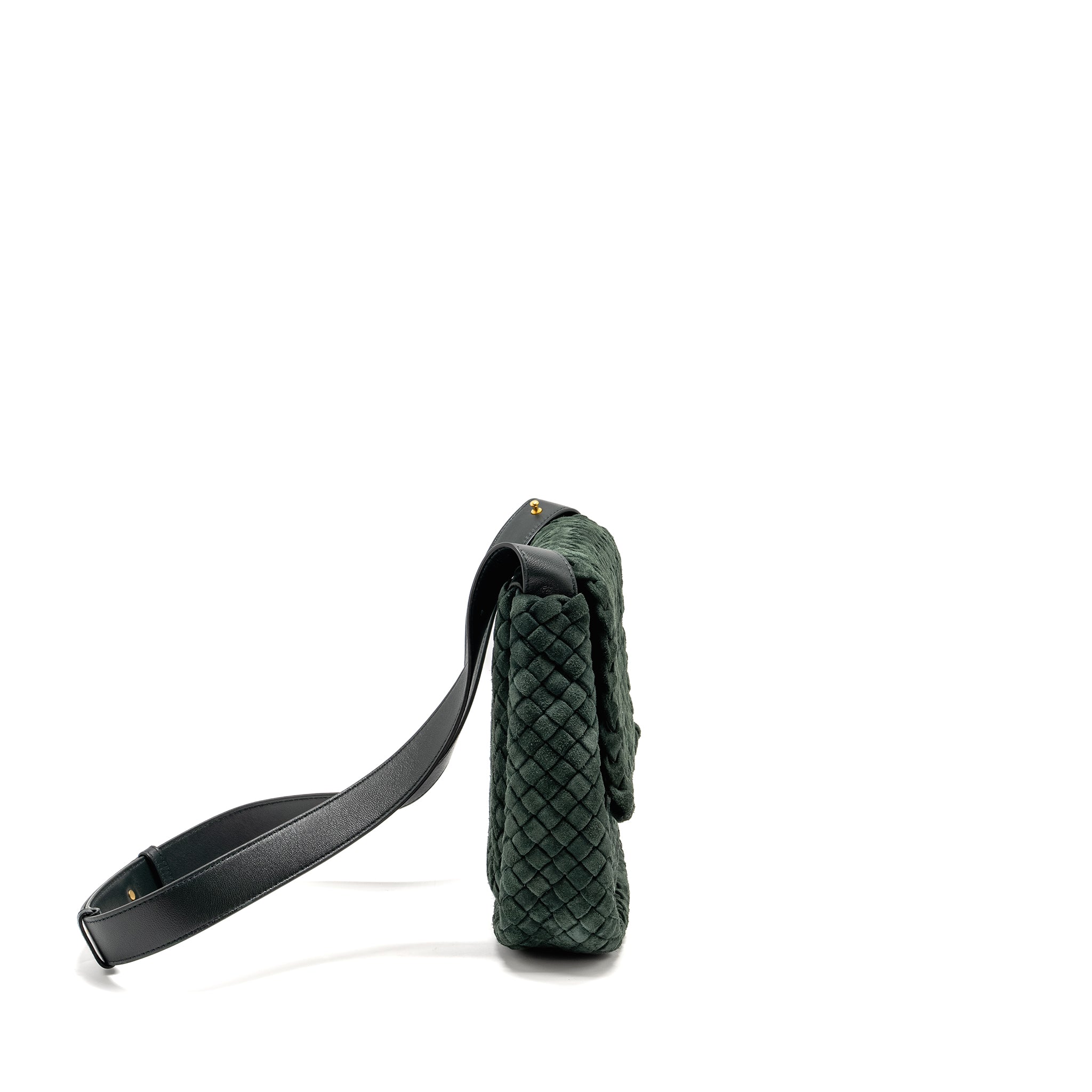 BOTTEGA VENETA COBBLE MESSENGER BAG INTRECCIATO-WOVEN PADDED SUEDE DARK GREEN GHW