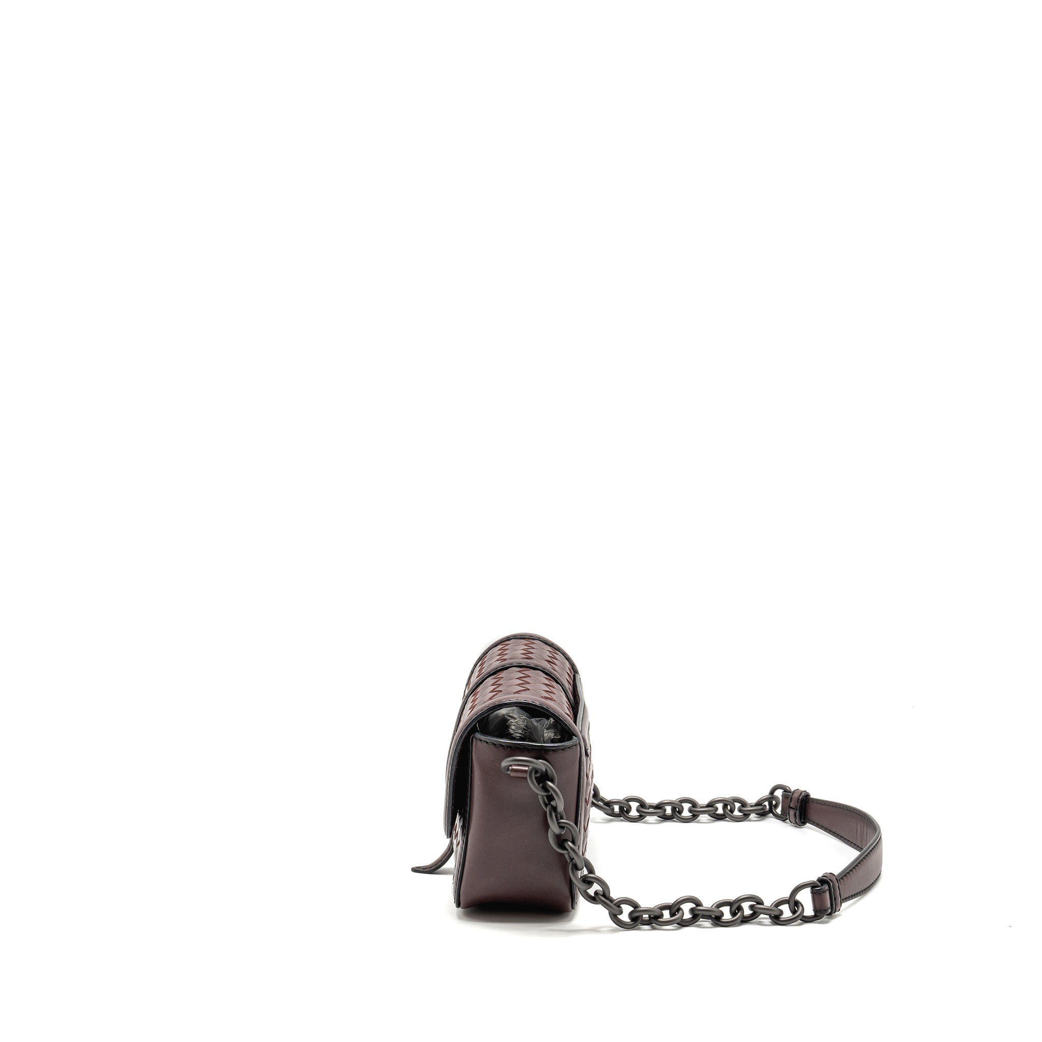BOTTEGA VENETA MINI INTRECCIATO FLAP BAG LEATHER DARK BROWN WITH BLACK HARDWARE