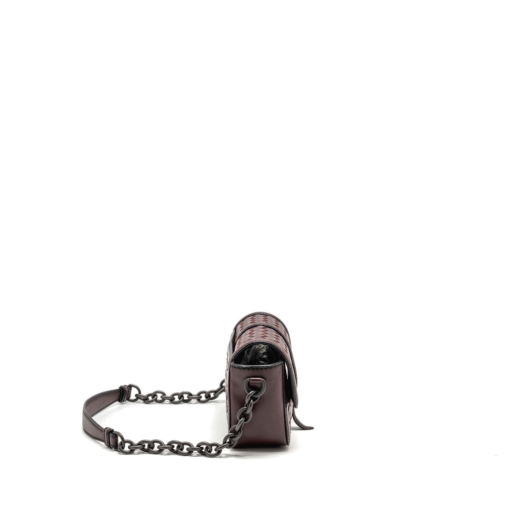 BOTTEGA VENETA MINI INTRECCIATO FLAP BAG LEATHER DARK BROWN WITH BLACK HARDWARE