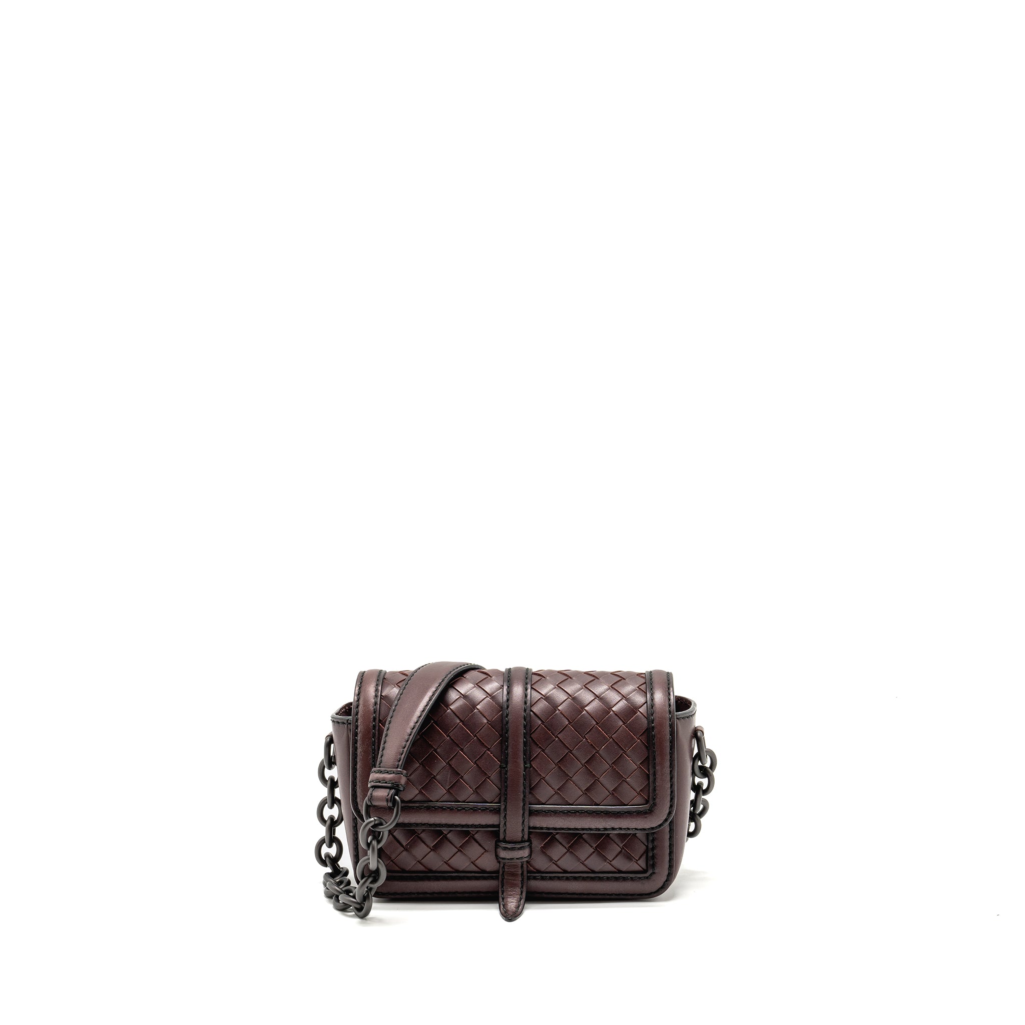 BOTTEGA VENETA MINI INTRECCIATO FLAP BAG LEATHER DARK BROWN WITH BLACK HARDWARE