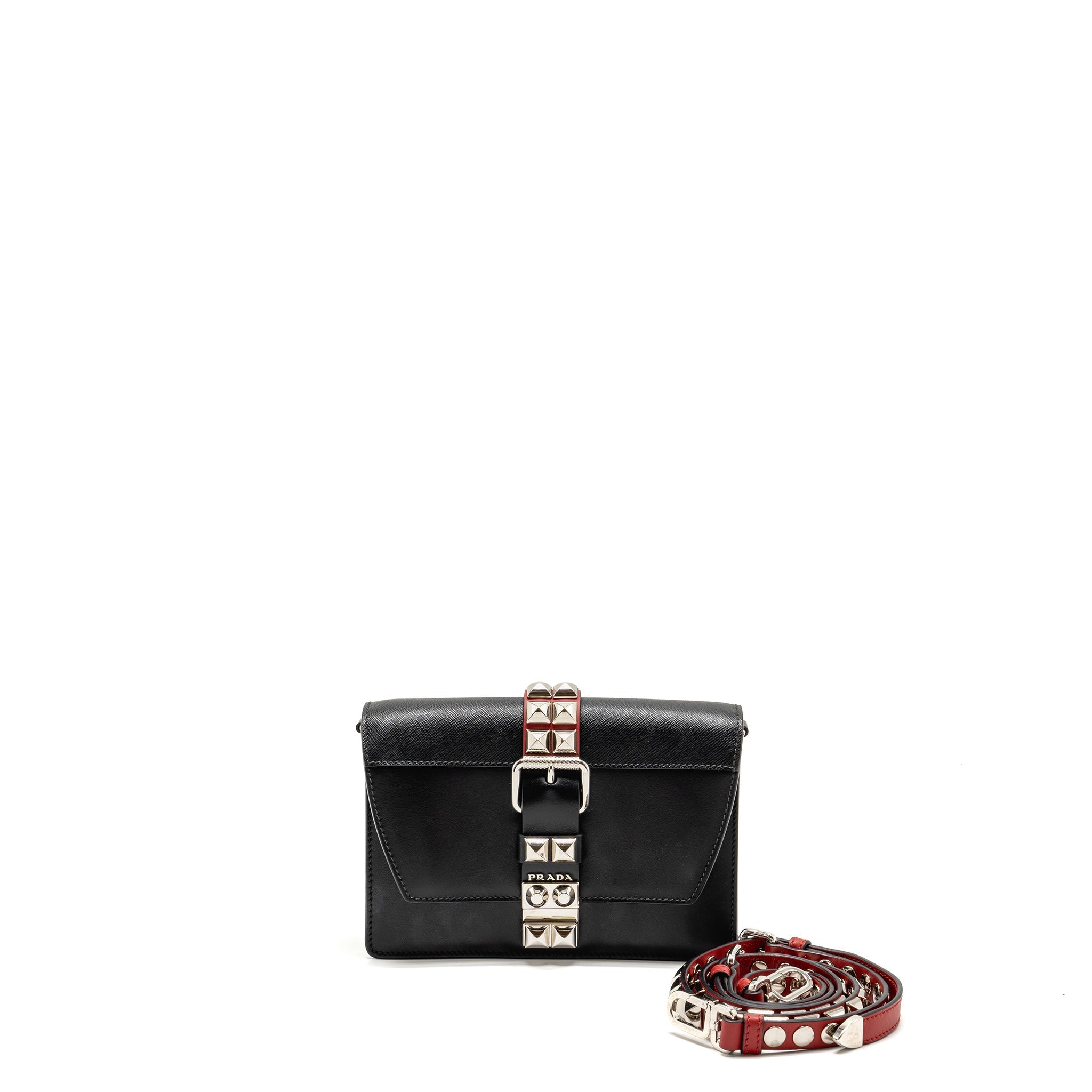 PRADA ELECTRA CITY FLAP BAG CALFSKIN BLACK/RED SHW