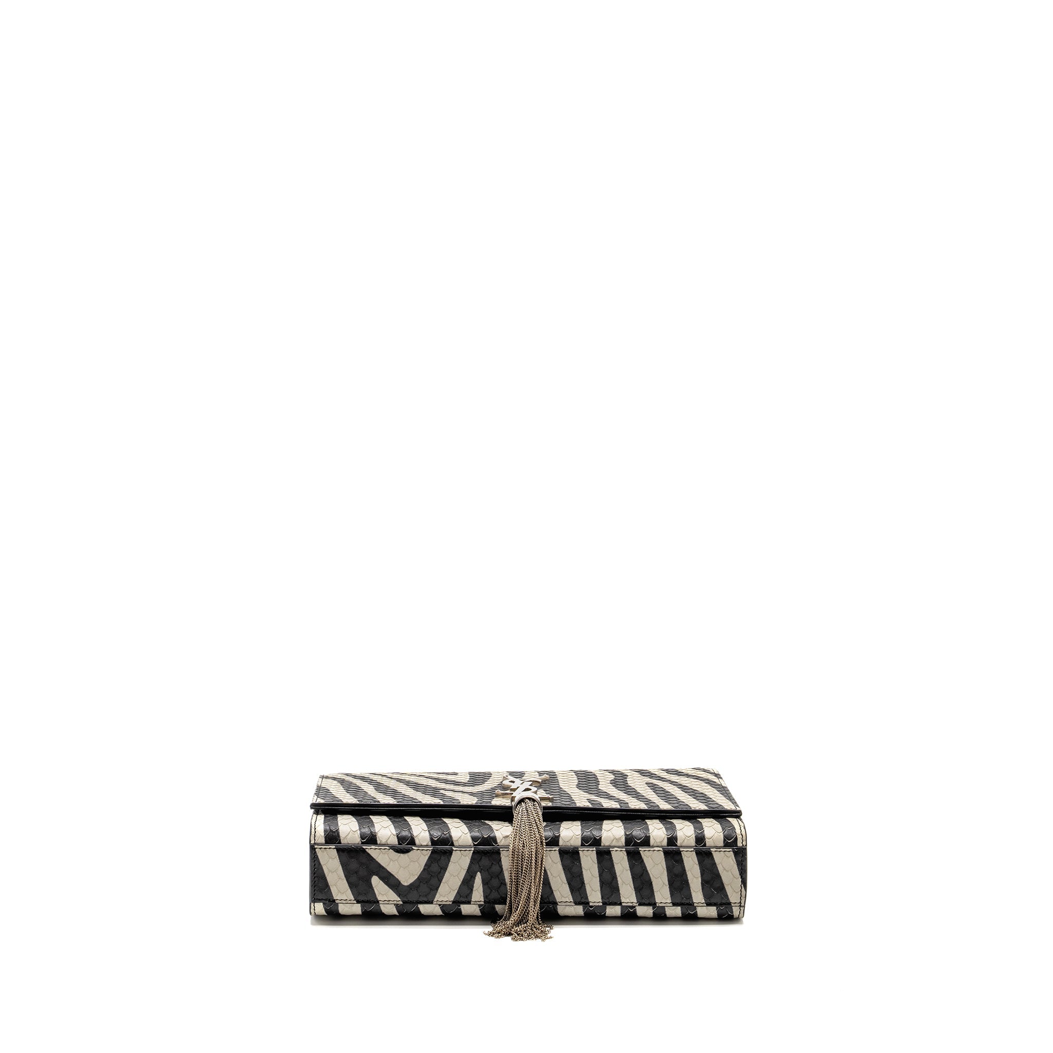SAINT LAURENT/YSL MEDIUM KATE SHOULDER BAG WITH TASSEL EMBOSSED LEATHER BLACK/WHITE SHW