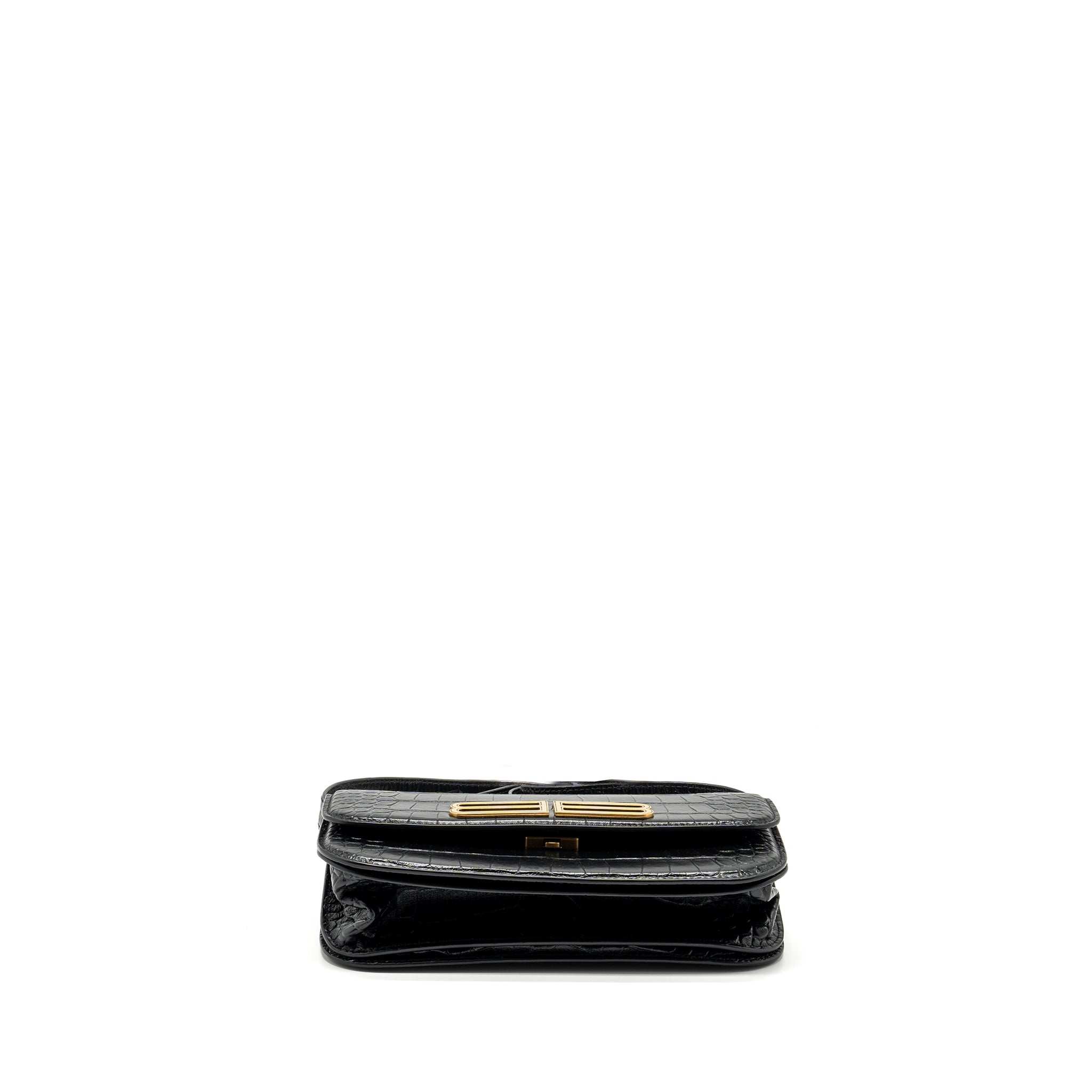 BALENCIAGA GOSSIP SHOULDER BAG CROC-EMBOSSED CALFSKIN BLACK GHW