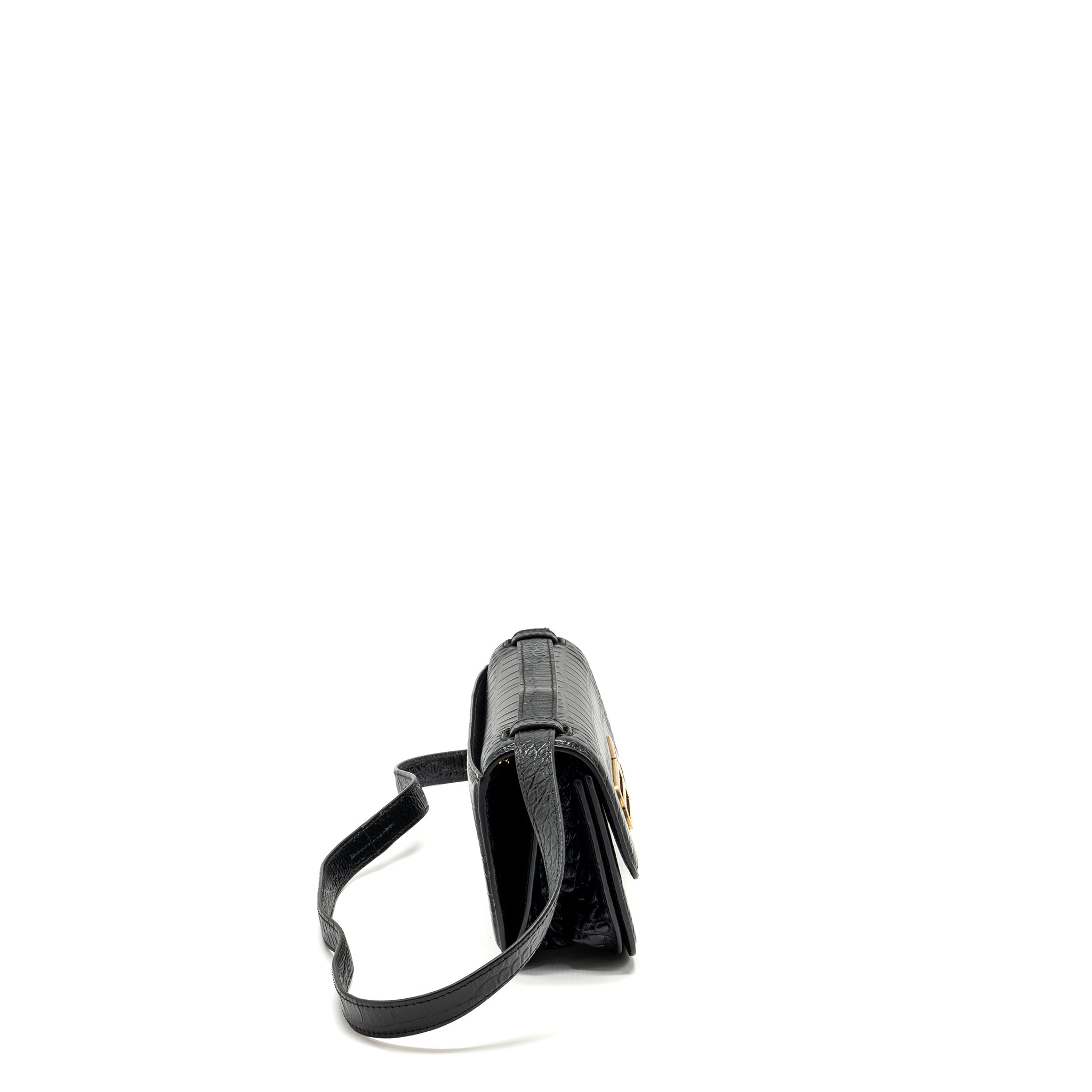 BALENCIAGA GOSSIP SHOULDER BAG CROC-EMBOSSED CALFSKIN BLACK GHW