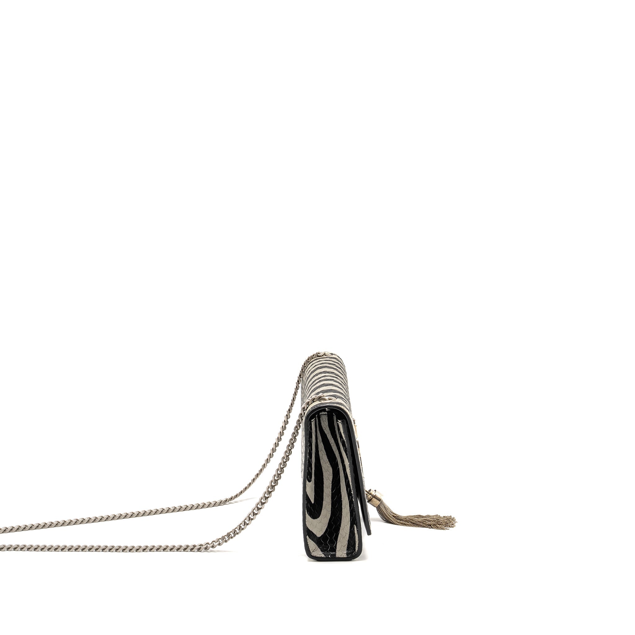SAINT LAURENT/YSL MEDIUM KATE SHOULDER BAG WITH TASSEL EMBOSSED LEATHER BLACK/WHITE SHW