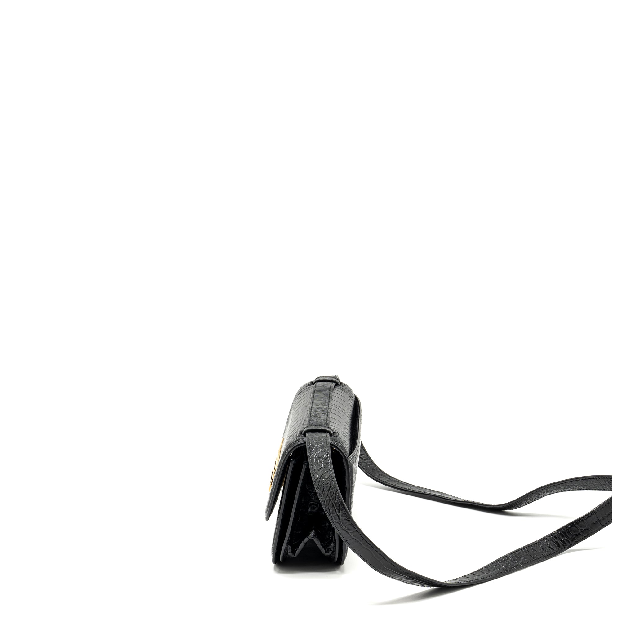 BALENCIAGA GOSSIP SHOULDER BAG CROC-EMBOSSED CALFSKIN BLACK GHW