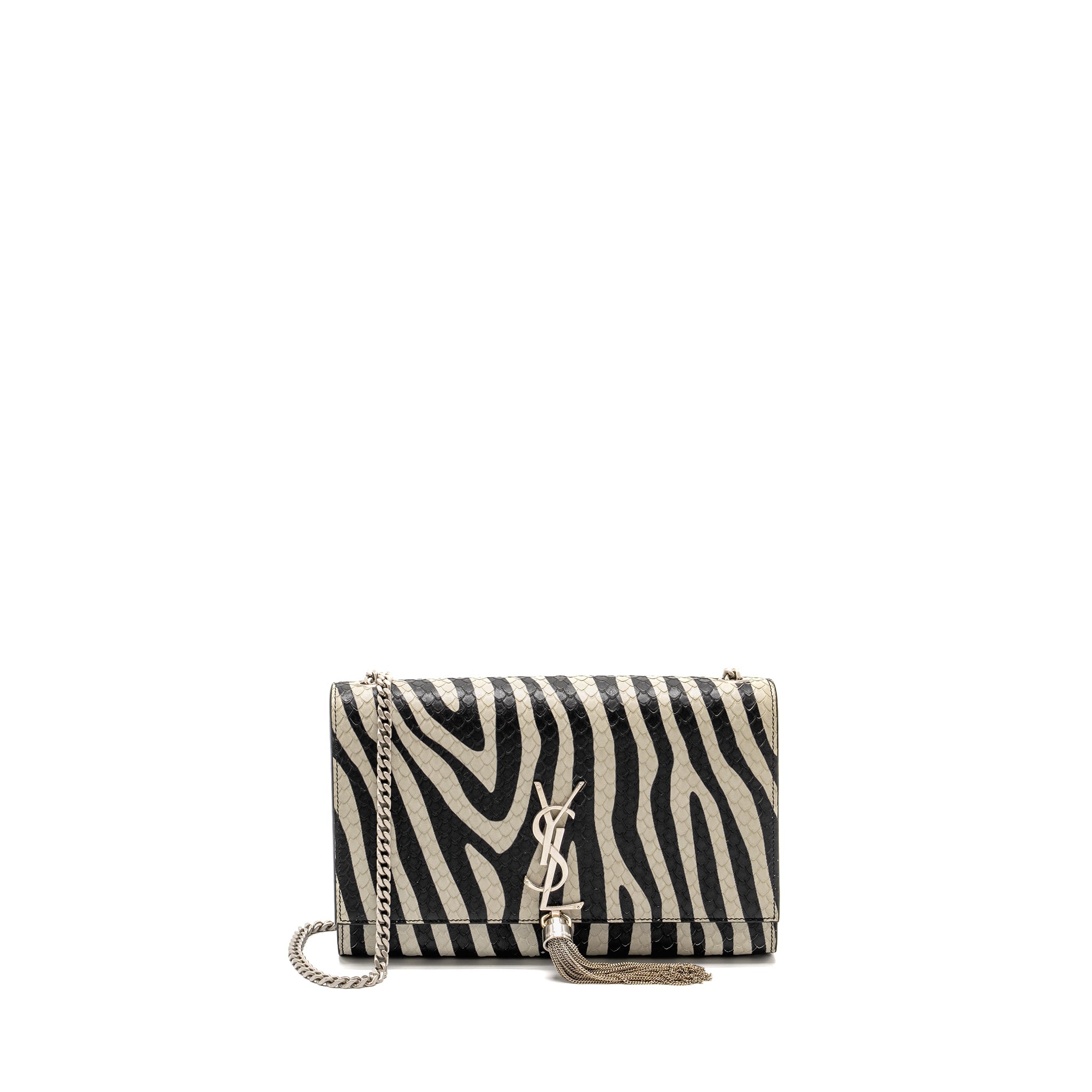 SAINT LAURENT/YSL MEDIUM KATE SHOULDER BAG WITH TASSEL EMBOSSED LEATHER BLACK/WHITE SHW