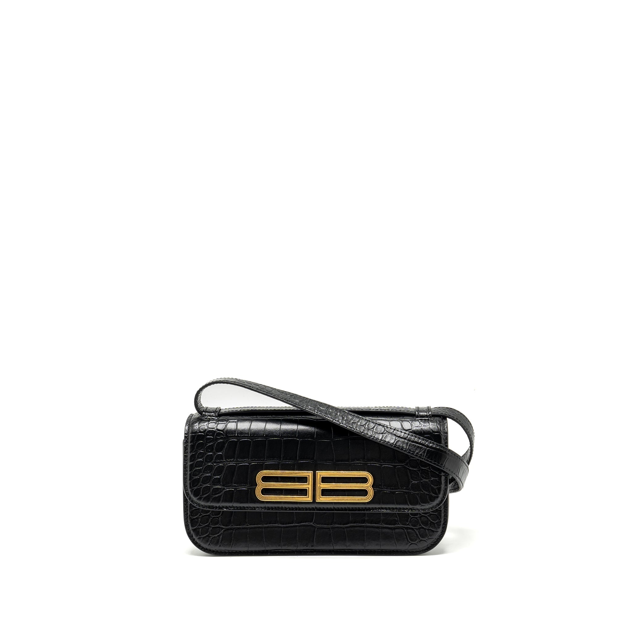 BALENCIAGA GOSSIP SHOULDER BAG CROC-EMBOSSED CALFSKIN BLACK GHW