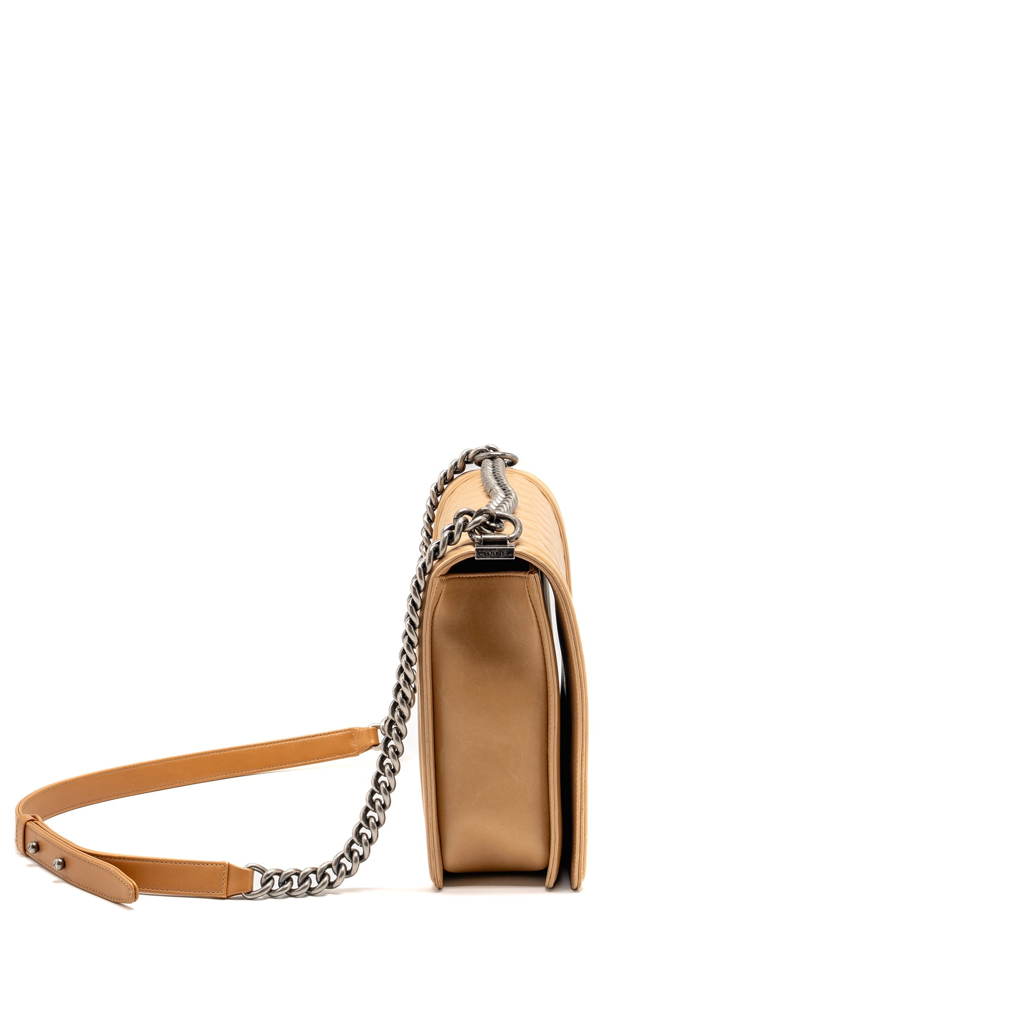 CHANEL LARGE BOY BAG LAMBSKIN BEIGE RUTHENIUM HARDWARE