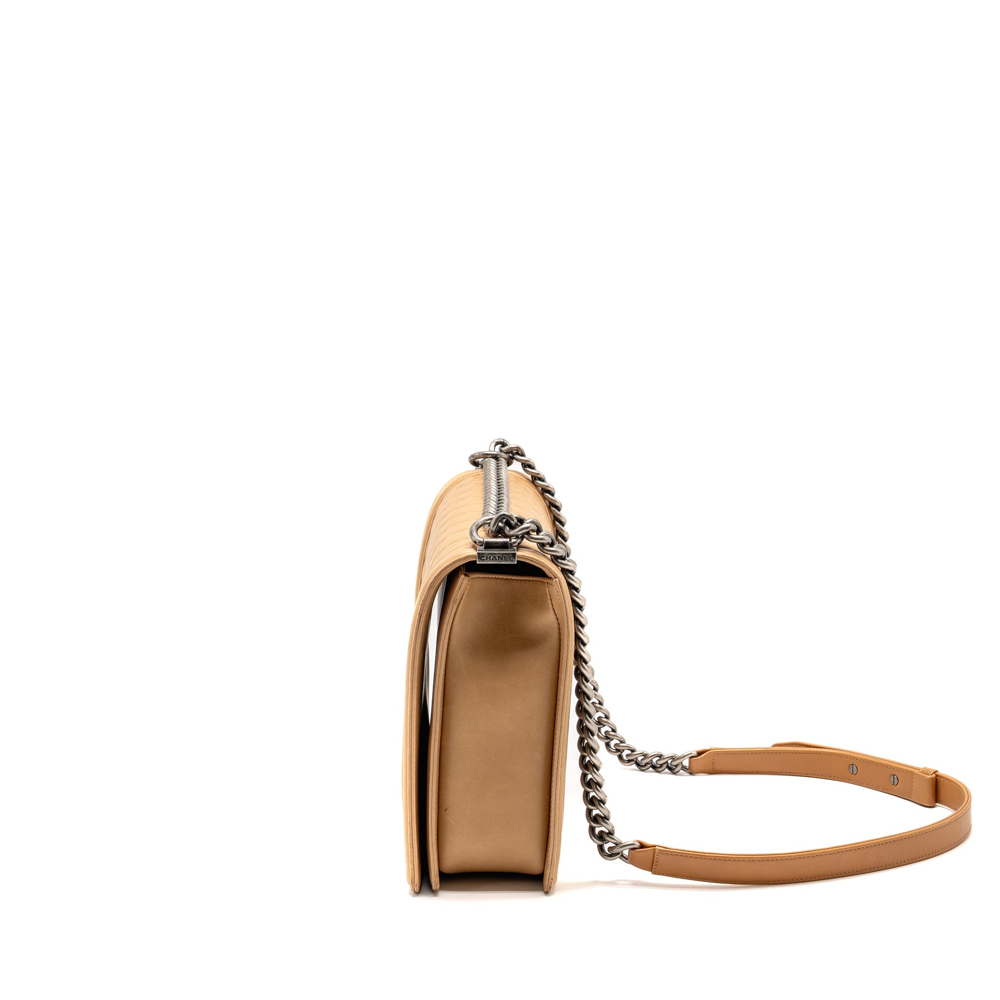 CHANEL LARGE BOY BAG LAMBSKIN BEIGE RUTHENIUM HARDWARE