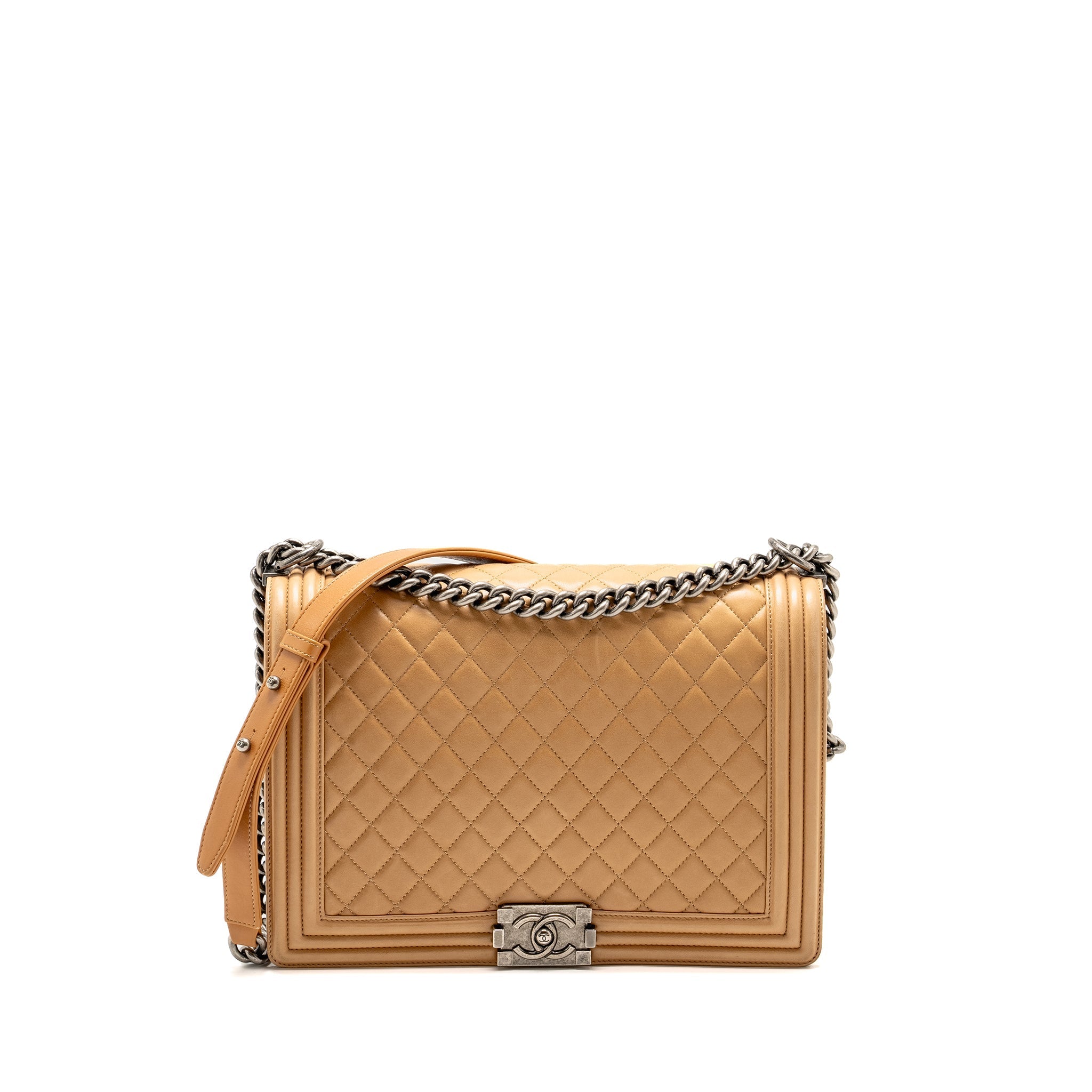 CHANEL LARGE BOY BAG LAMBSKIN BEIGE RUTHENIUM HARDWARE