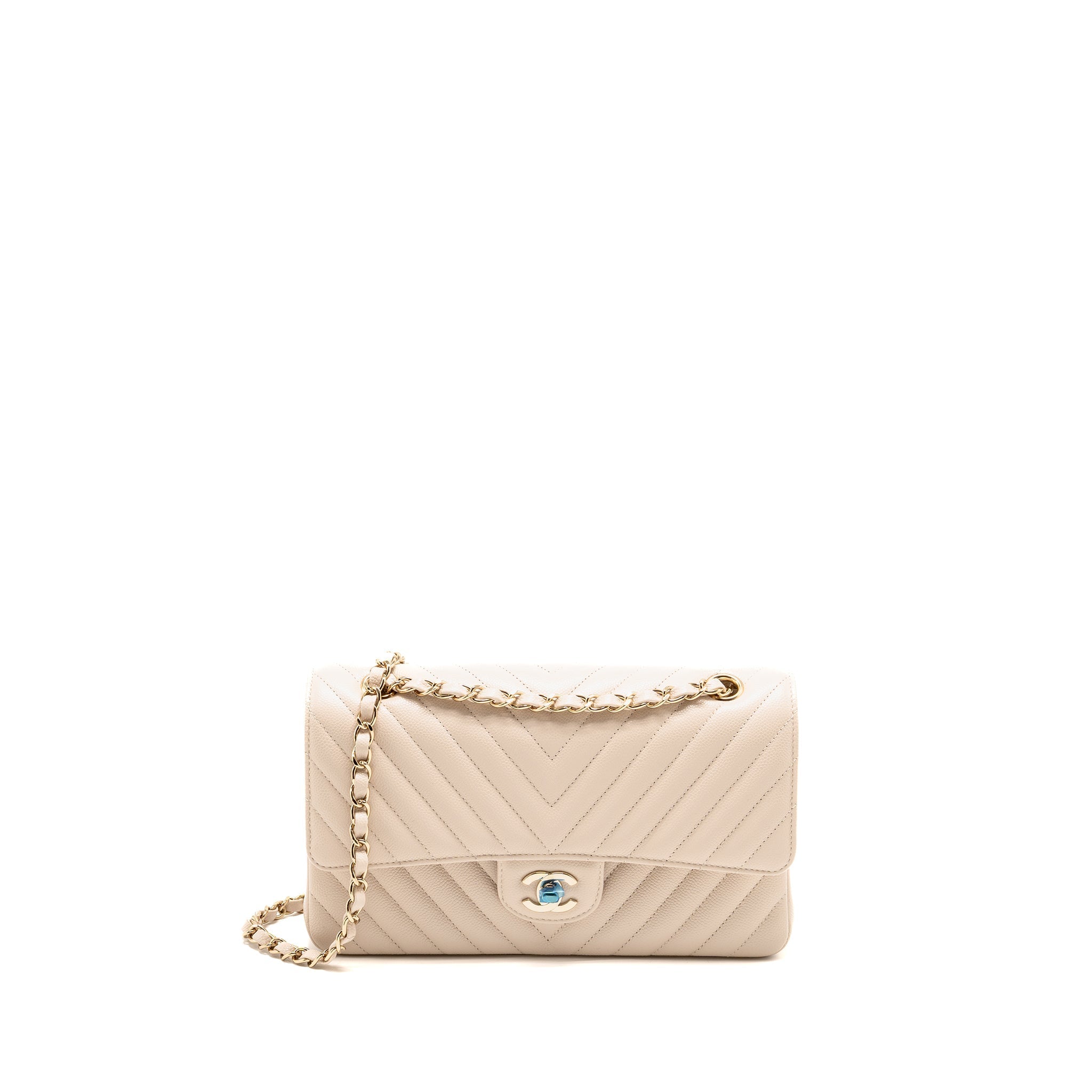 CHANEL MEDIUM CLASSIC DOUBLE FLAP BAG CHEVRON CAVIAR LIGHT BEIGE LGHW