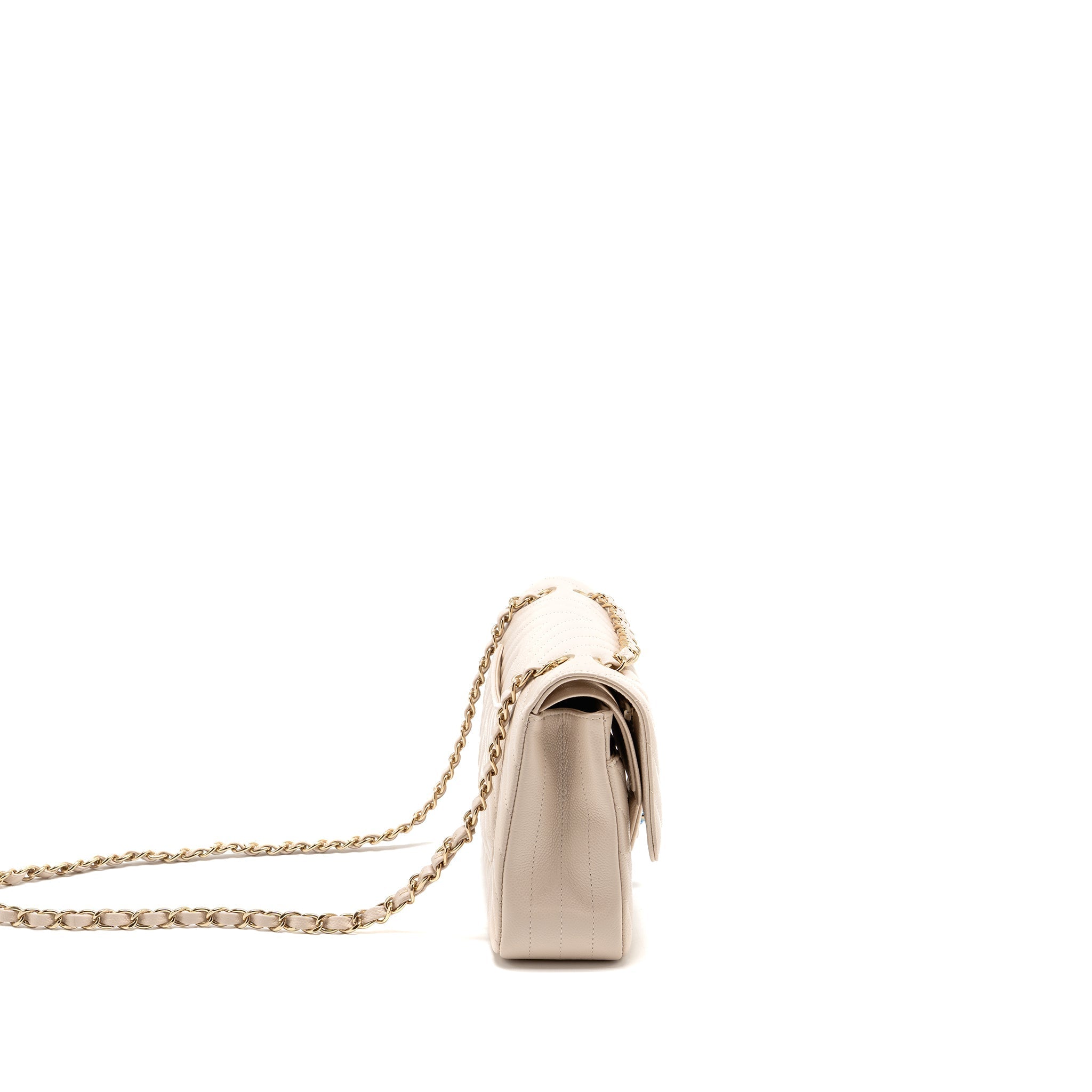 CHANEL MEDIUM CLASSIC DOUBLE FLAP BAG CHEVRON CAVIAR LIGHT BEIGE LGHW