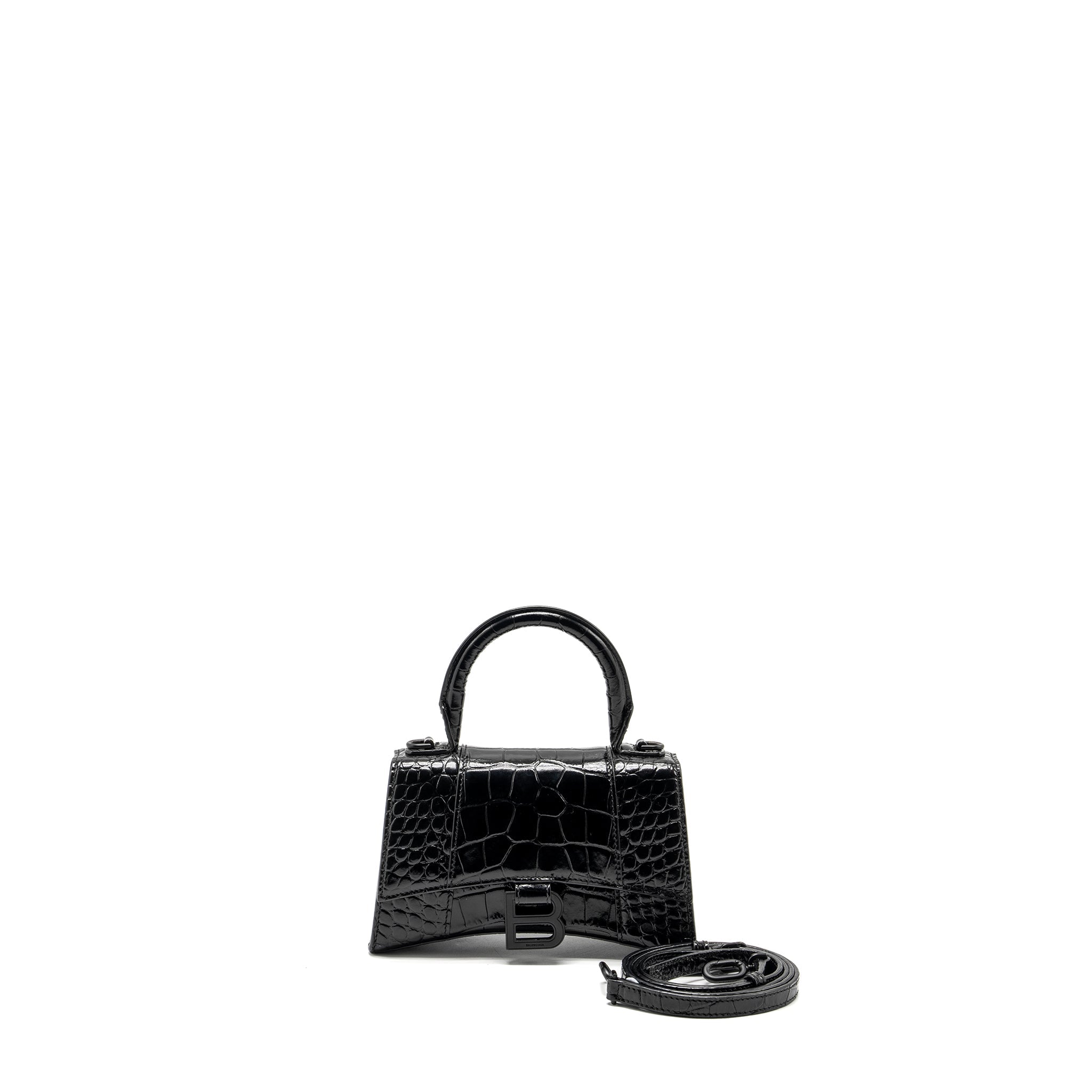 BALENCIAGA XS HOURGLASS CROC-EMBOSSED CALFSKIN SO BLACK