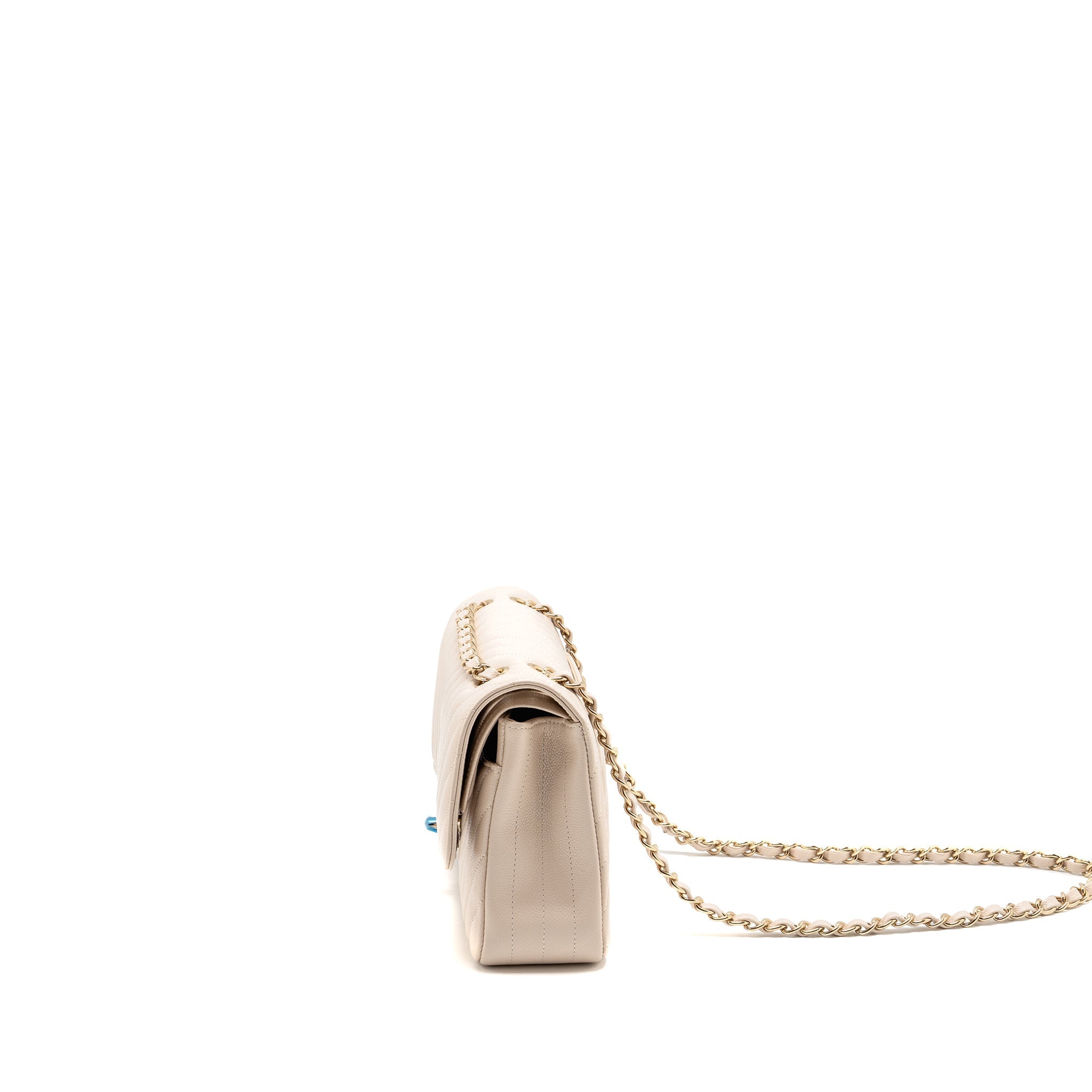 CHANEL MEDIUM CLASSIC DOUBLE FLAP BAG CHEVRON CAVIAR LIGHT BEIGE LGHW