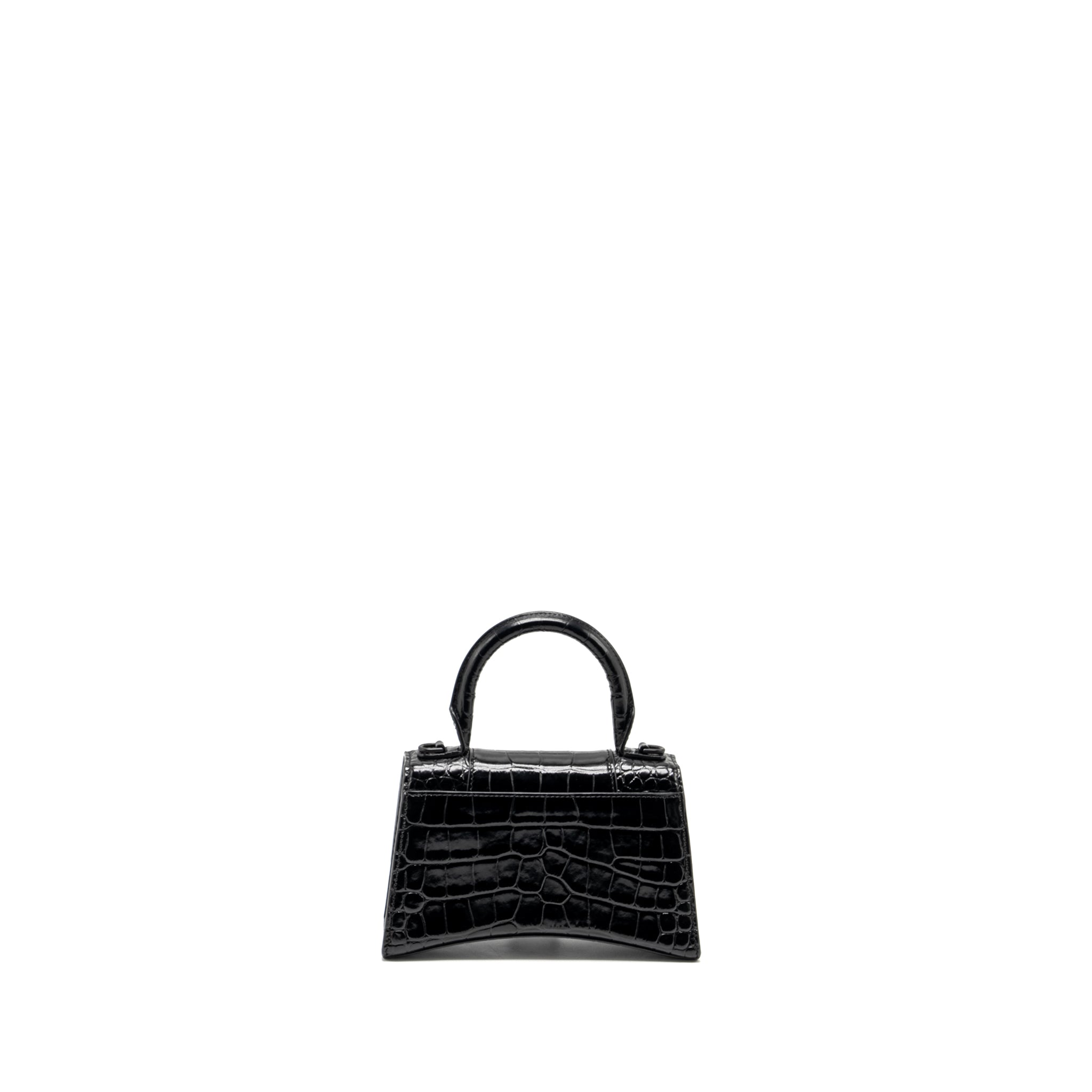 BALENCIAGA XS HOURGLASS CROC-EMBOSSED CALFSKIN SO BLACK