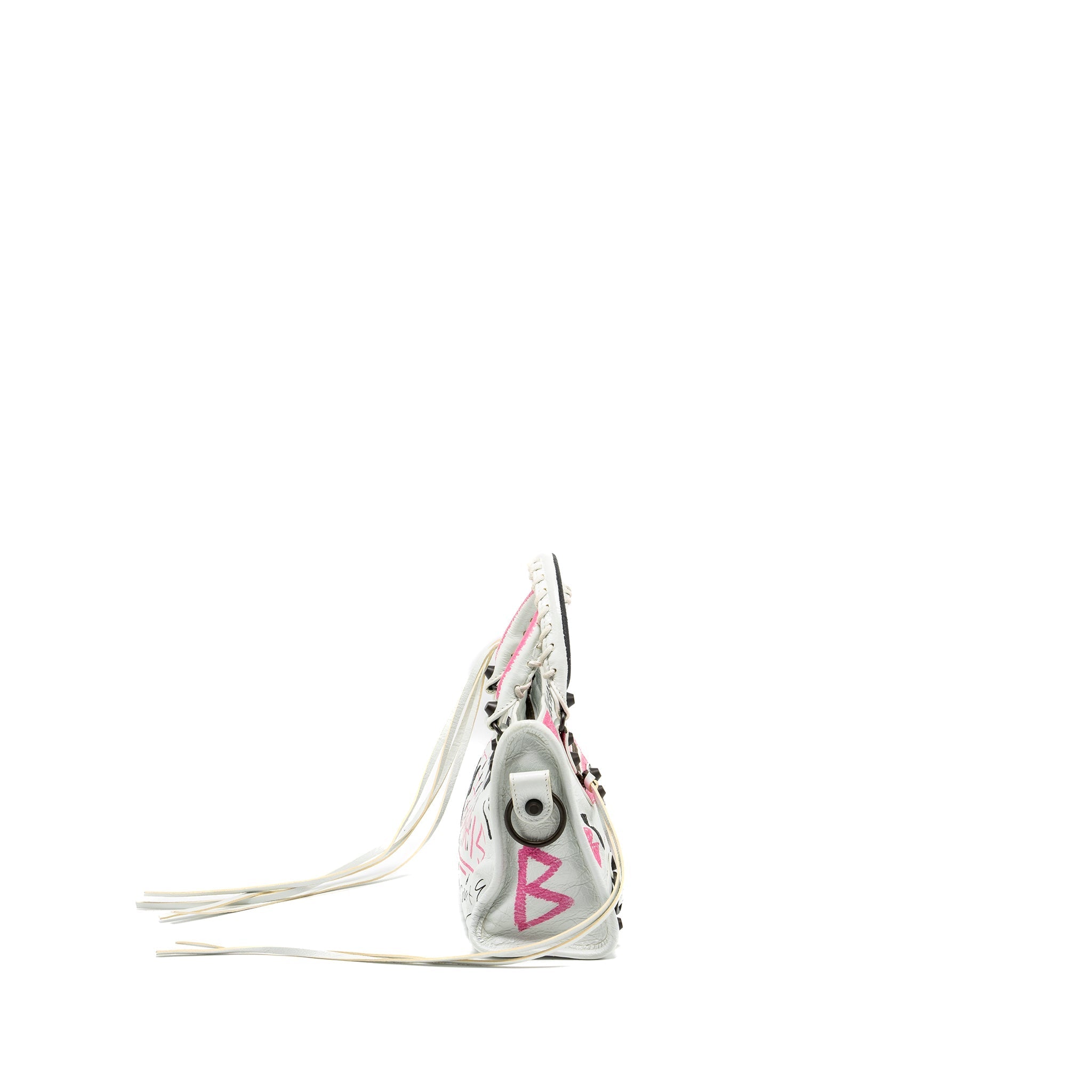 BALENCIAGA CITY GRAFFITI CLASSIC STUDS BAG LEATHER WHITE / PINK/ BLACK WITH BLACK HARDWARE