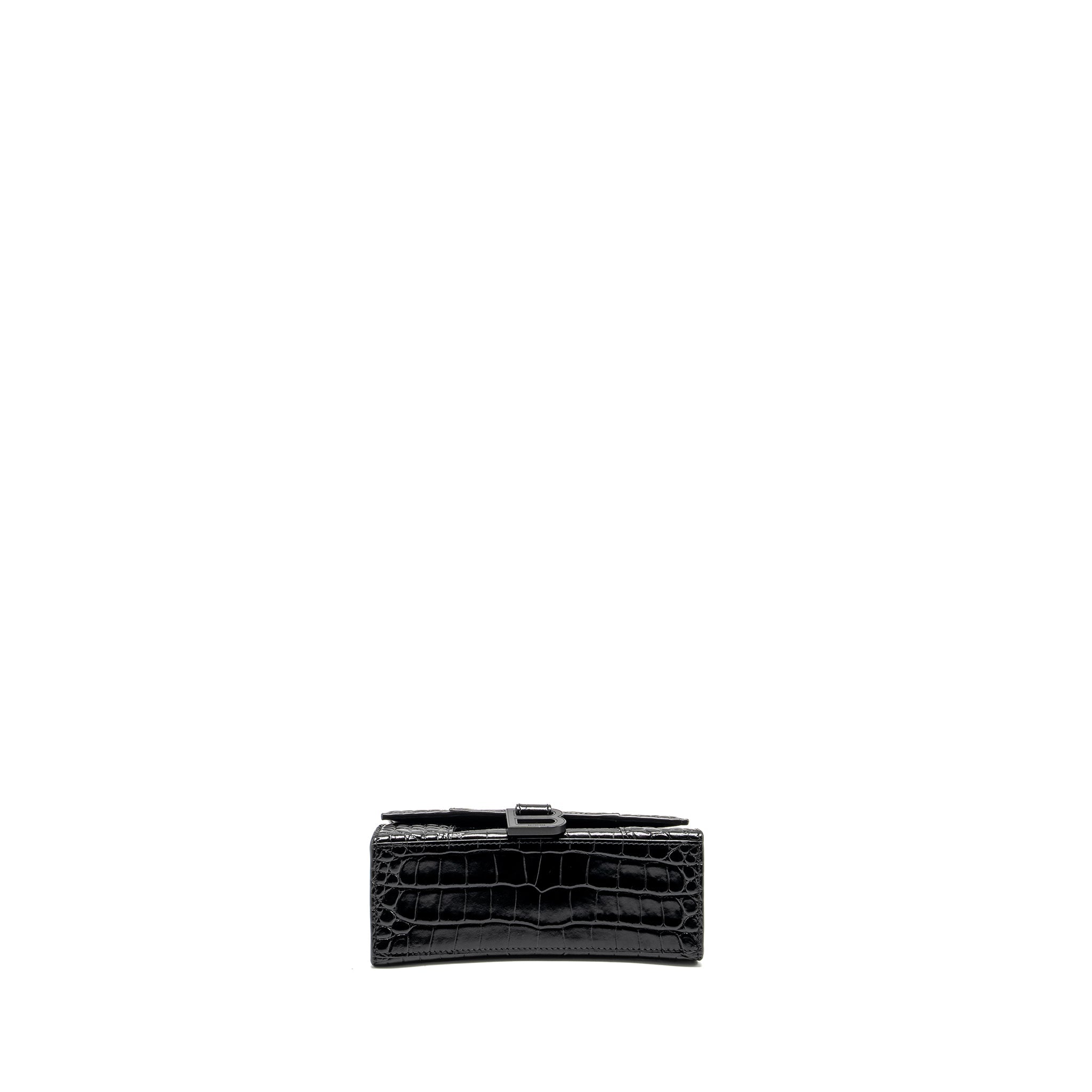 BALENCIAGA XS HOURGLASS CROC-EMBOSSED CALFSKIN SO BLACK