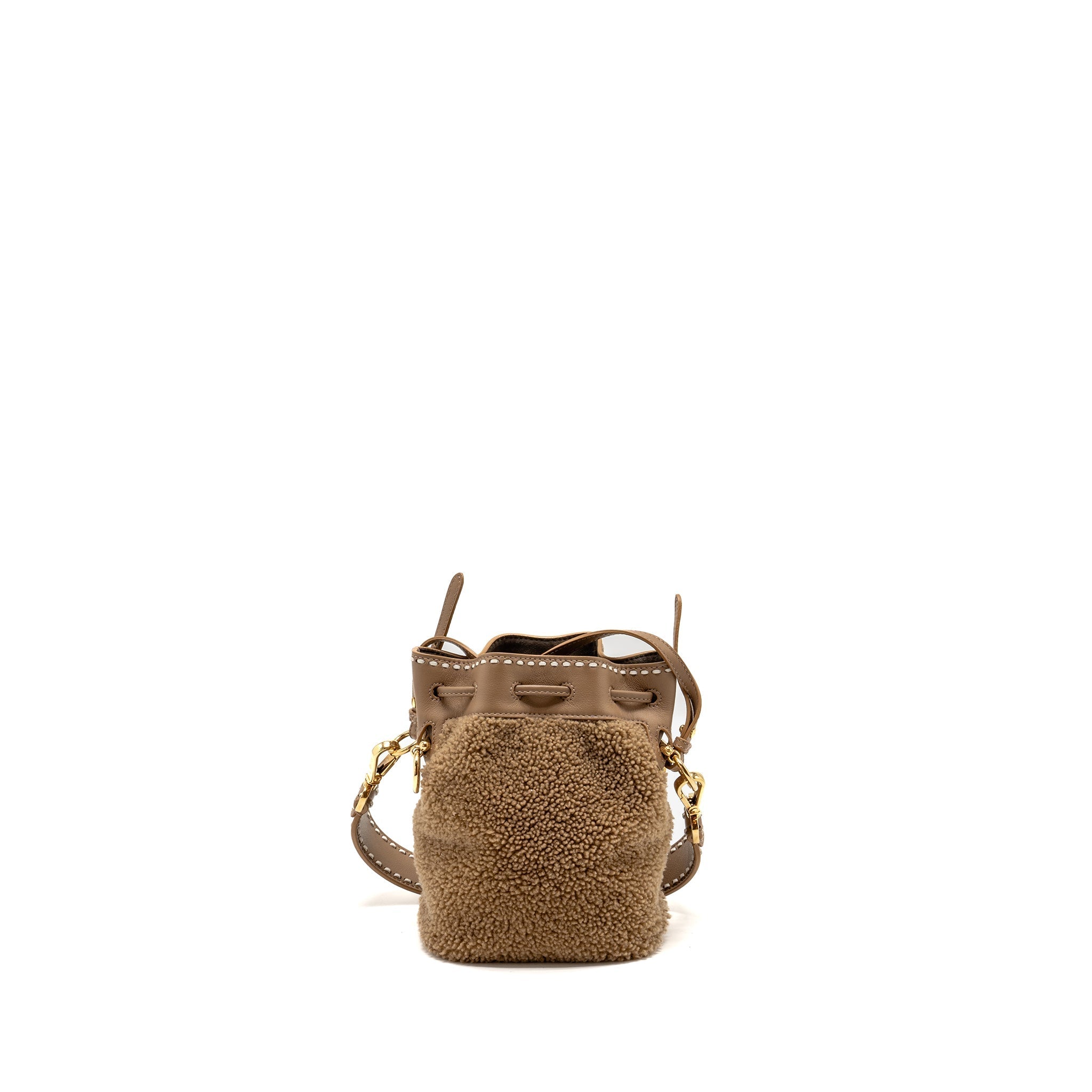 FENDI MINI MON TRESOR BUCKET BAG SHEARLING/LEATHER BEIGE GHW