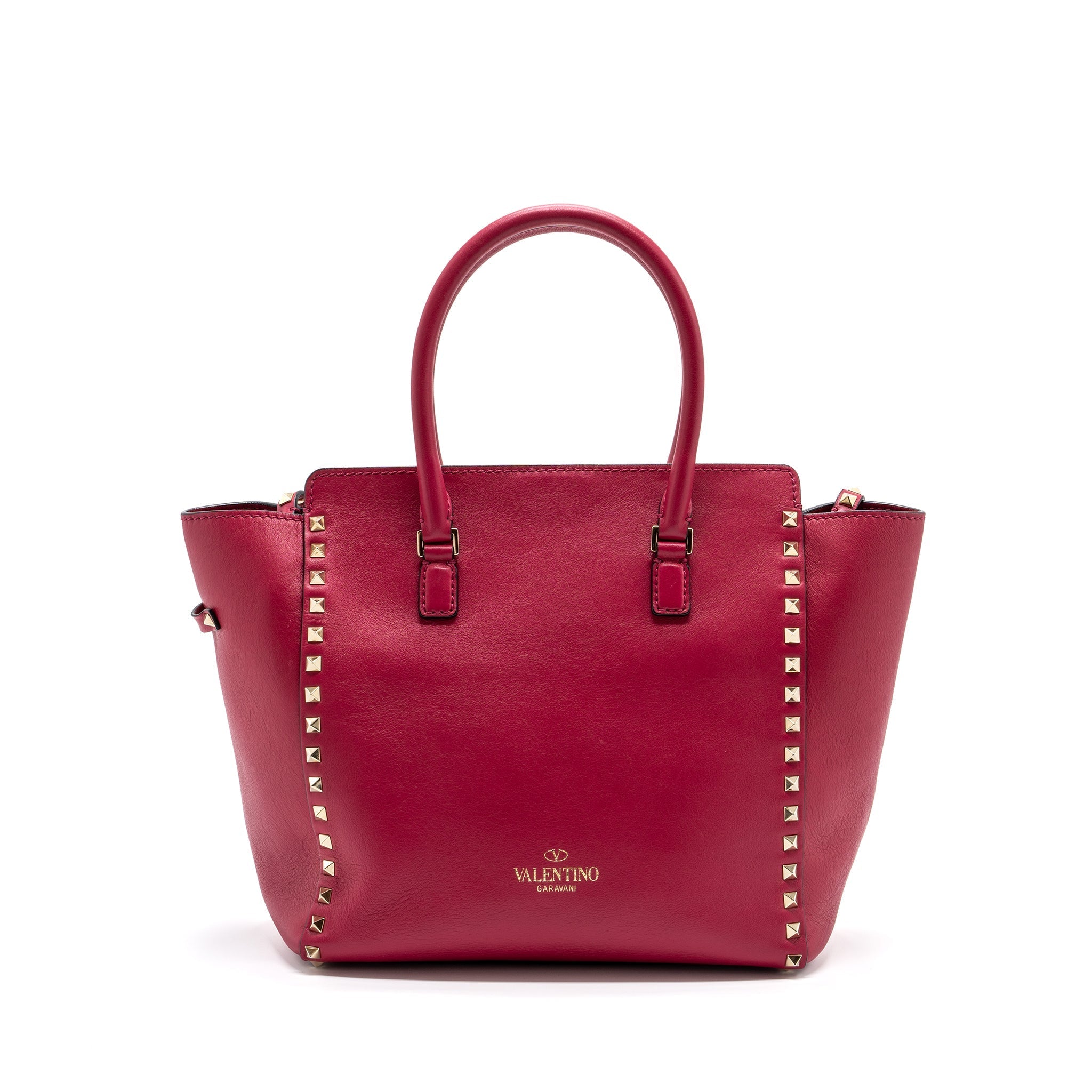 VALENTINO MEDIUM ROCKSTUD DOUBLE HANDLE TOP BAG CALFSKIN PINK LGHW