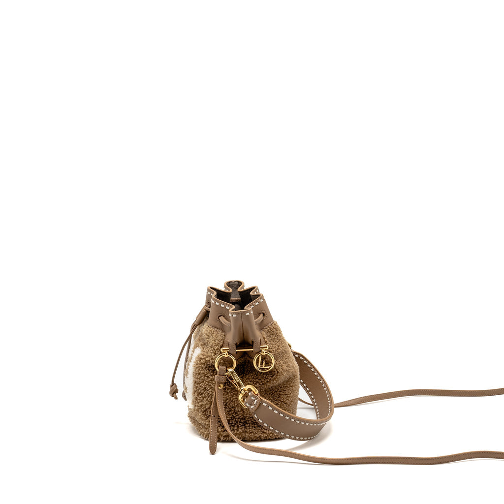 FENDI MINI MON TRESOR BUCKET BAG SHEARLING/LEATHER BEIGE GHW