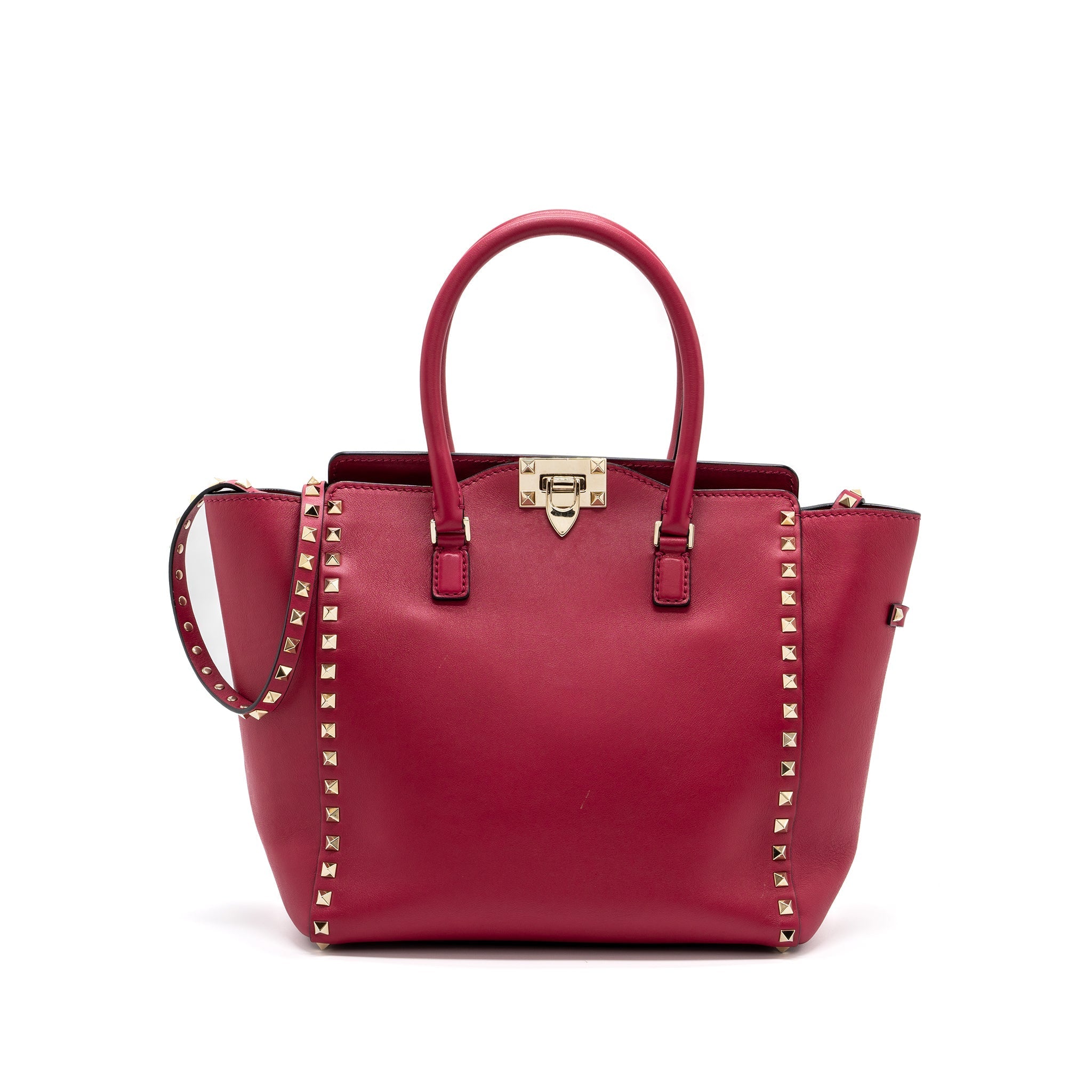 VALENTINO MEDIUM ROCKSTUD DOUBLE HANDLE TOP BAG CALFSKIN PINK LGHW
