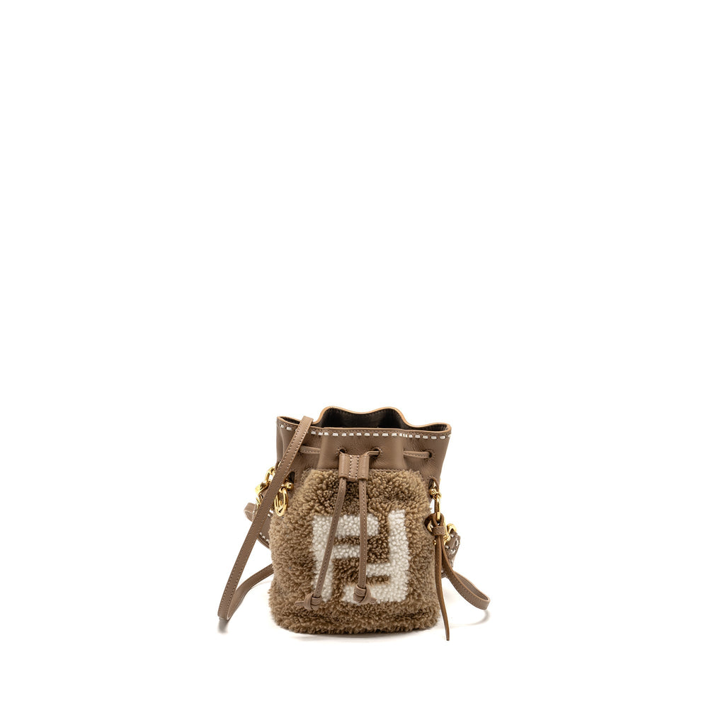 FENDI MINI MON TRESOR BUCKET BAG SHEARLING/LEATHER BEIGE GHW
