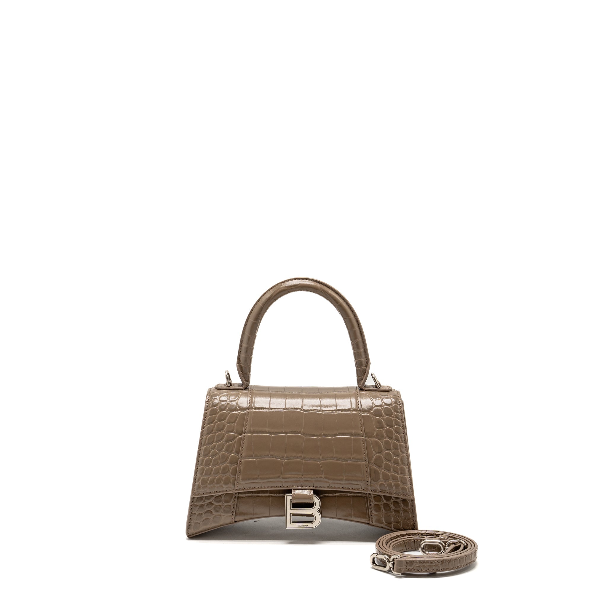 BALENCIAGA SMALL HOURGLASS BAG CROC-EMBOSSED CALFSKIN DARK BEIGE SHW