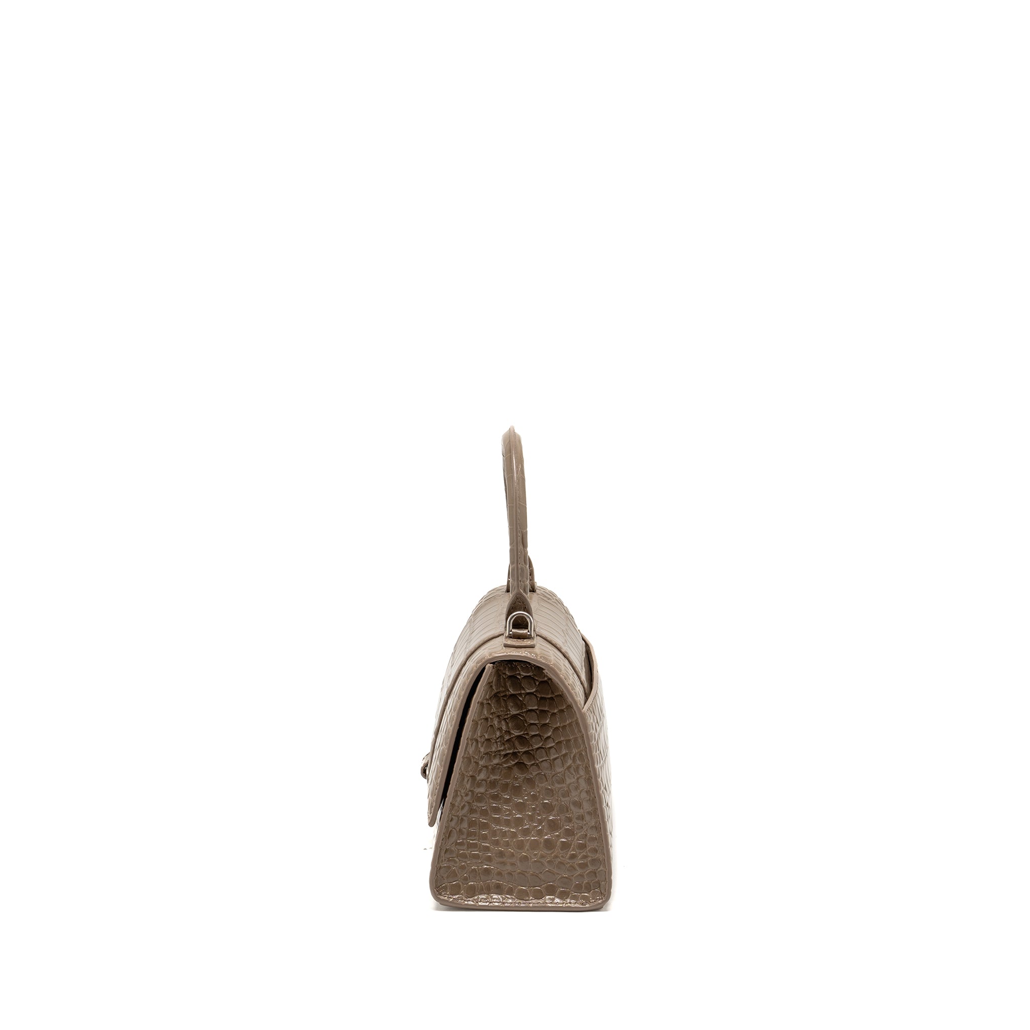 BALENCIAGA SMALL HOURGLASS BAG CROC-EMBOSSED CALFSKIN DARK BEIGE SHW