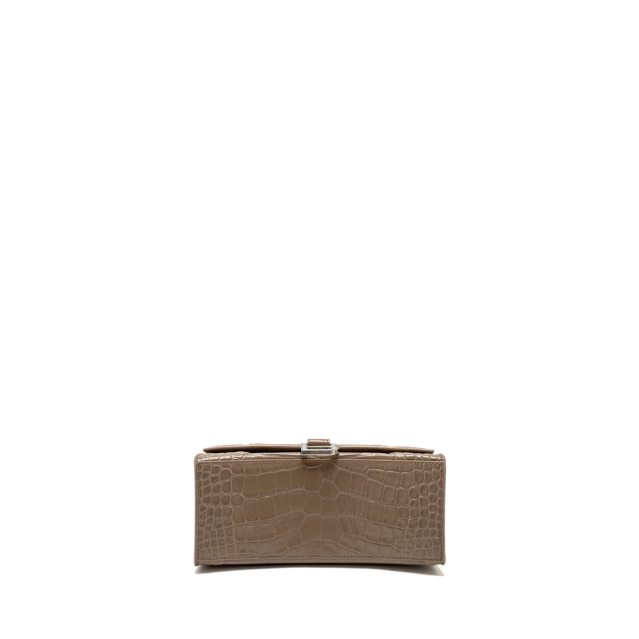 BALENCIAGA SMALL HOURGLASS BAG CROC-EMBOSSED CALFSKIN DARK BEIGE SHW