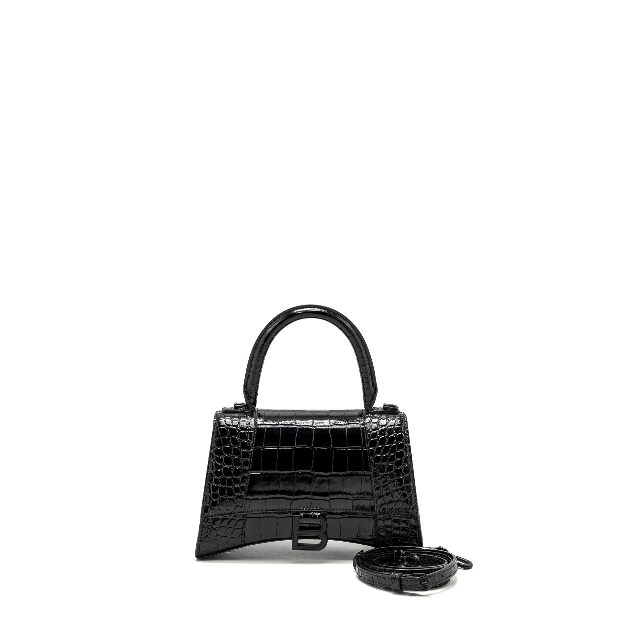 BALENCIAGA HOURGLASS S CROC-EMBOSSED CALFSKIN SO BLACK