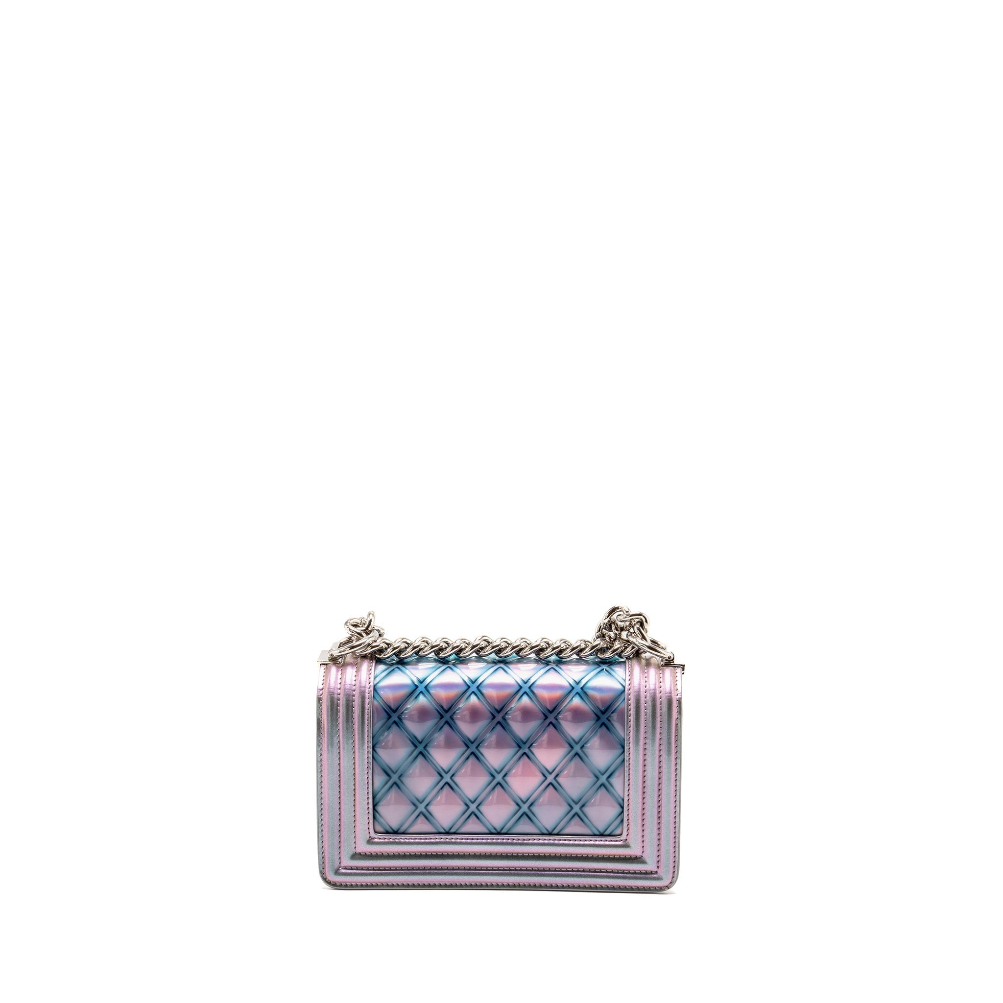 CHANEL SMALL BOY BAG LIMITED EDITION PATENT LEATHER IRIDESCENT LIGHT PURPLE SHW