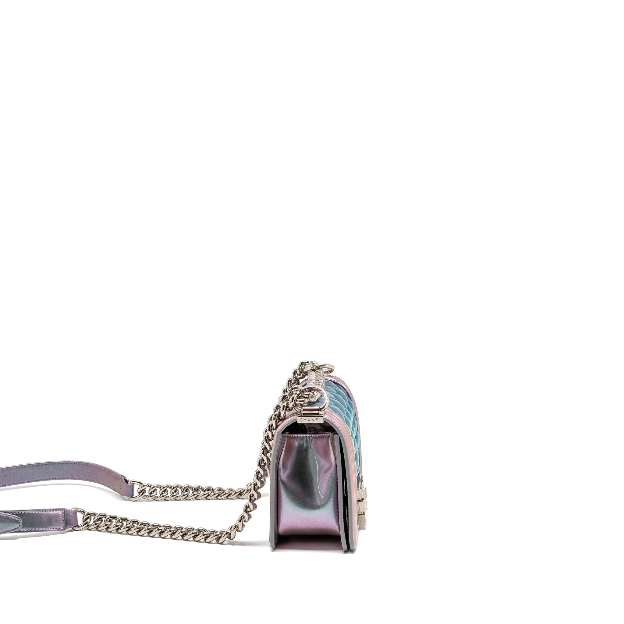 CHANEL SMALL BOY BAG LIMITED EDITION PATENT LEATHER IRIDESCENT LIGHT PURPLE SHW