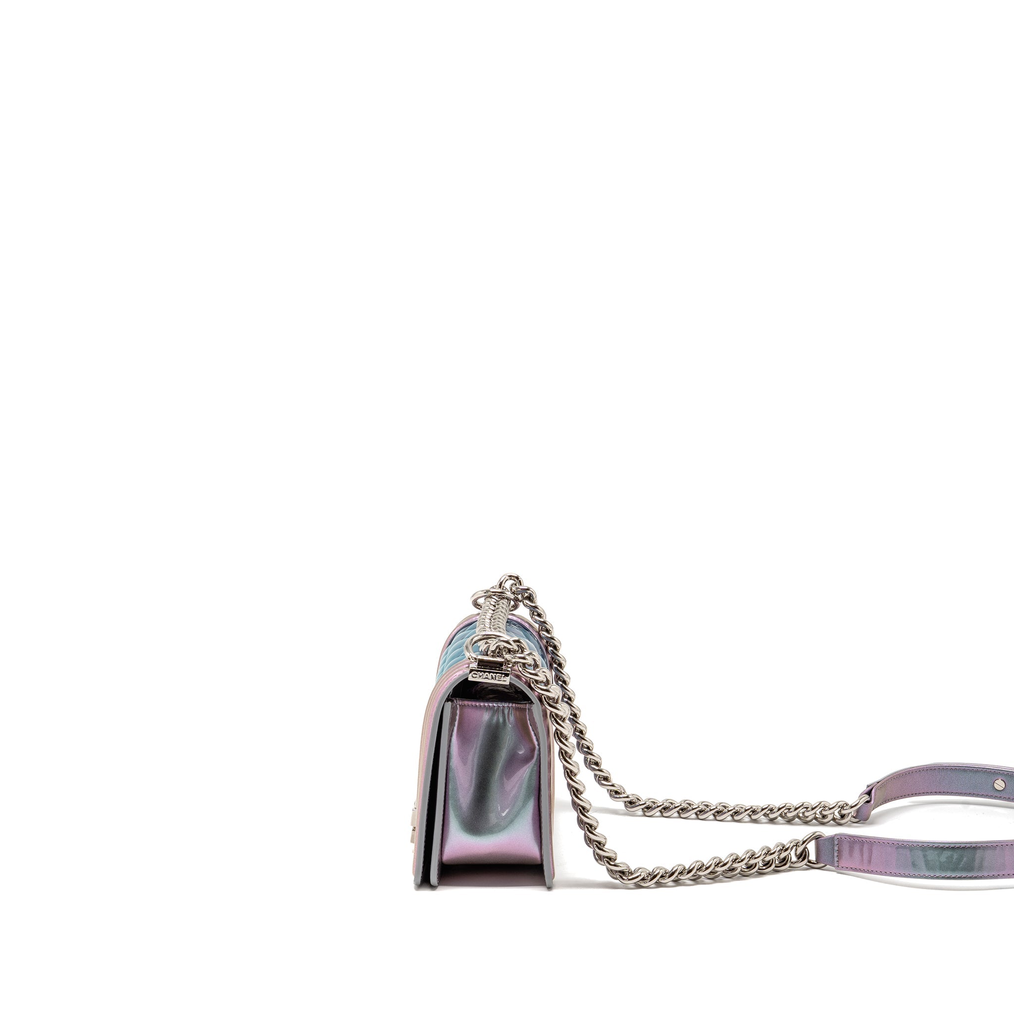 CHANEL SMALL BOY BAG LIMITED EDITION PATENT LEATHER IRIDESCENT LIGHT PURPLE SHW