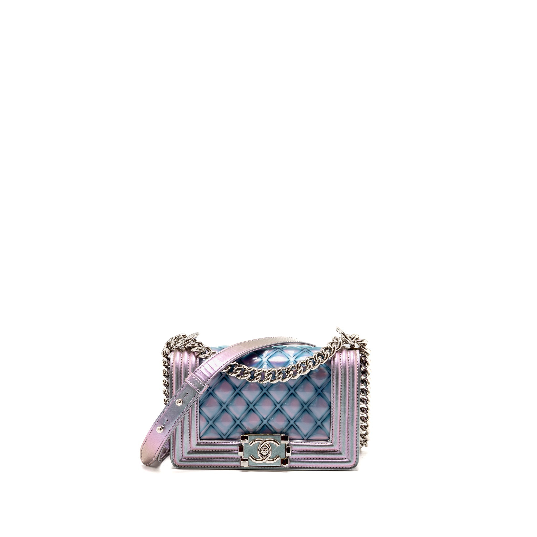 CHANEL SMALL BOY BAG LIMITED EDITION PATENT LEATHER IRIDESCENT LIGHT PURPLE SHW